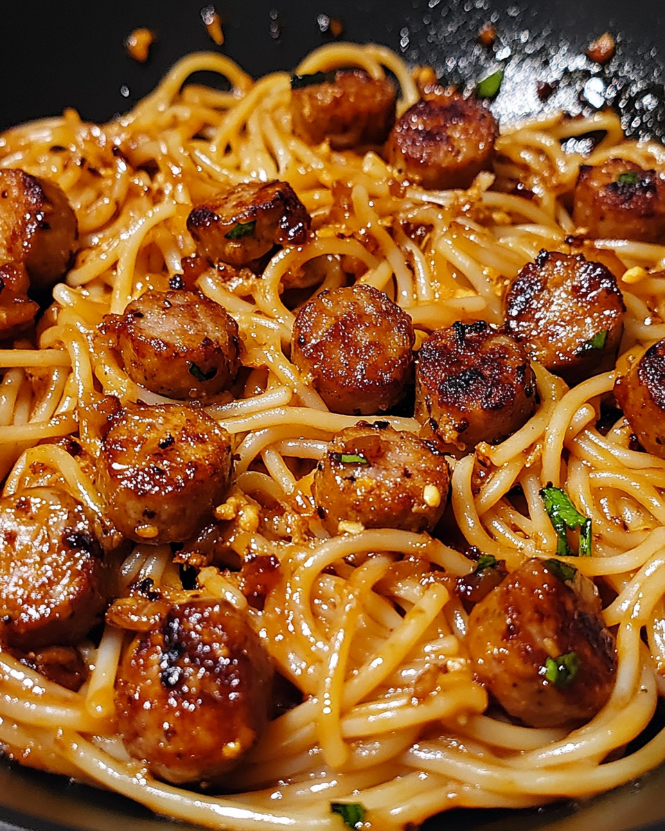 Sticky Honey Garlic Sausage Pasta Skillet