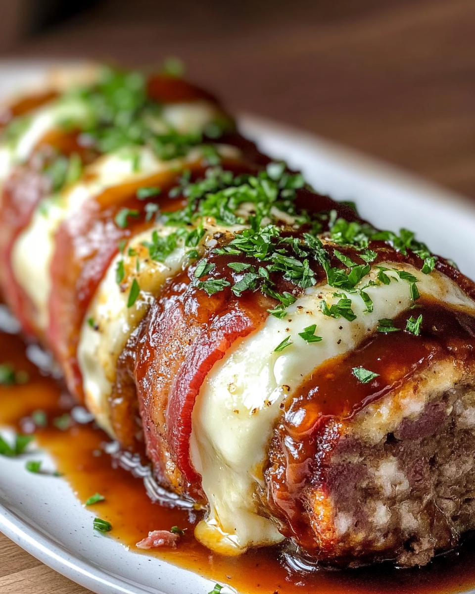 Mozzarella-Stuffed Bacon-Wrapped Meatloaf