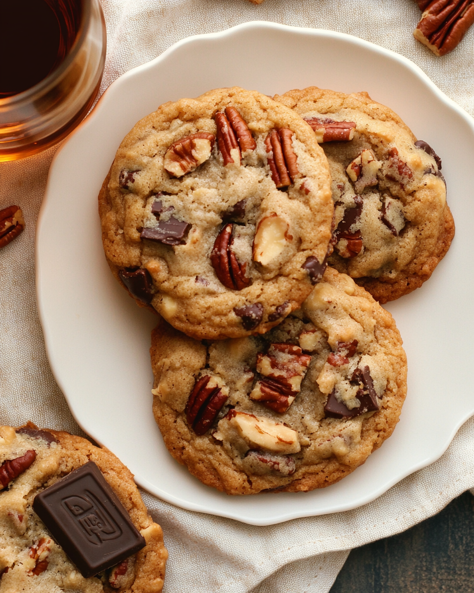 Browned Butter Bourbon Pecan Chocolate Chunk Cookies