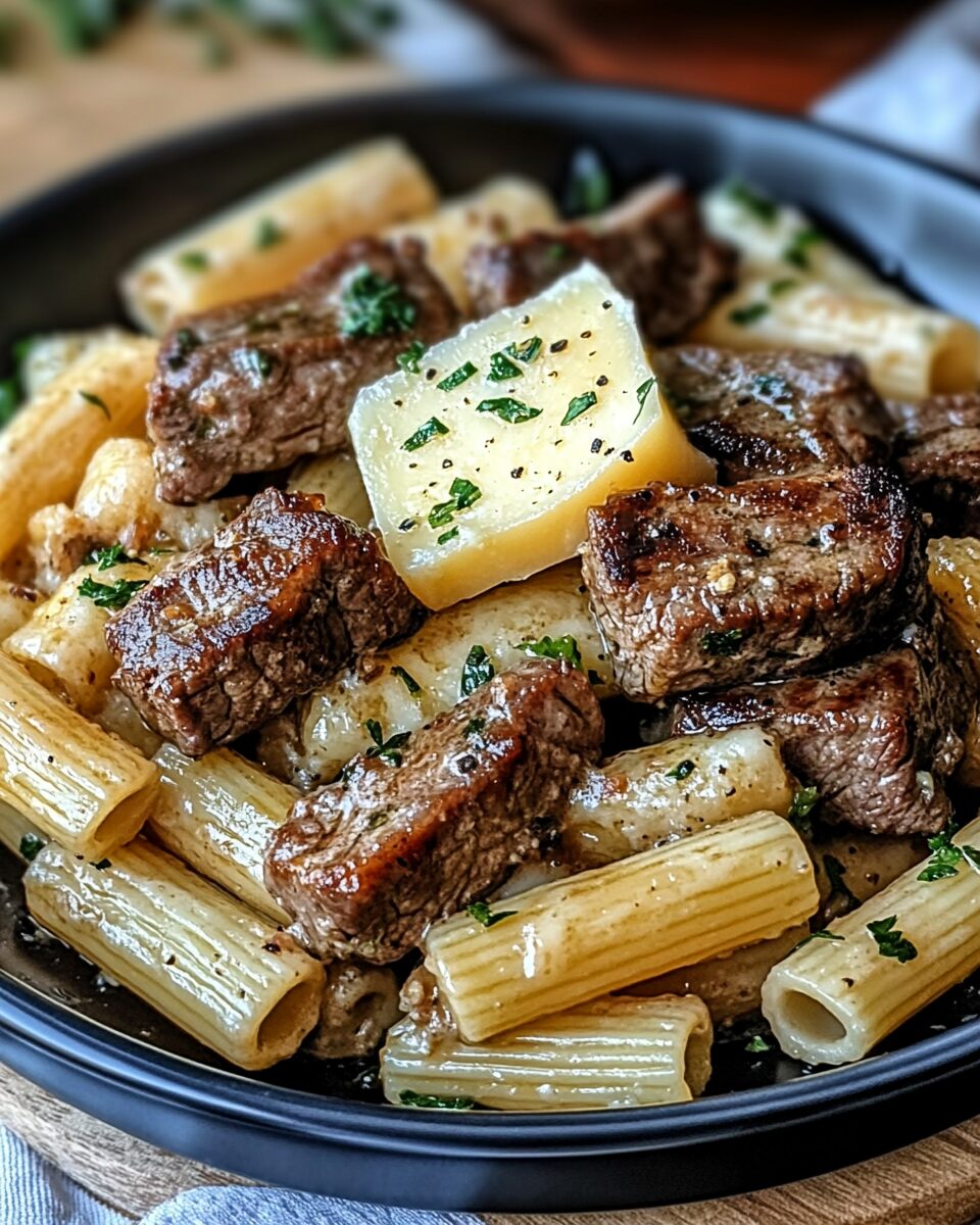 Garlic Butter Steak Tips with Cheesy Rigatoni