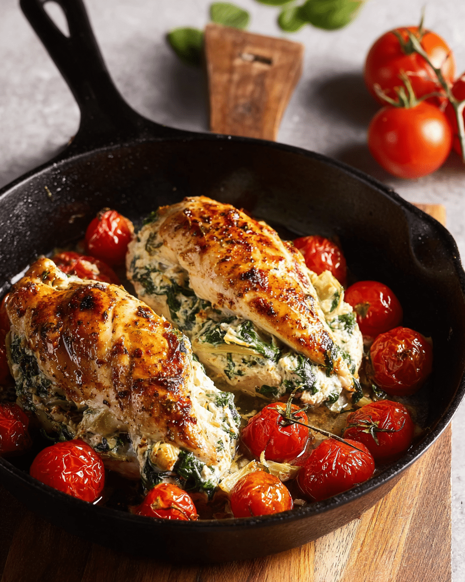 Spinach Artichoke Stuffed Chicken with Blistered Tomatoes