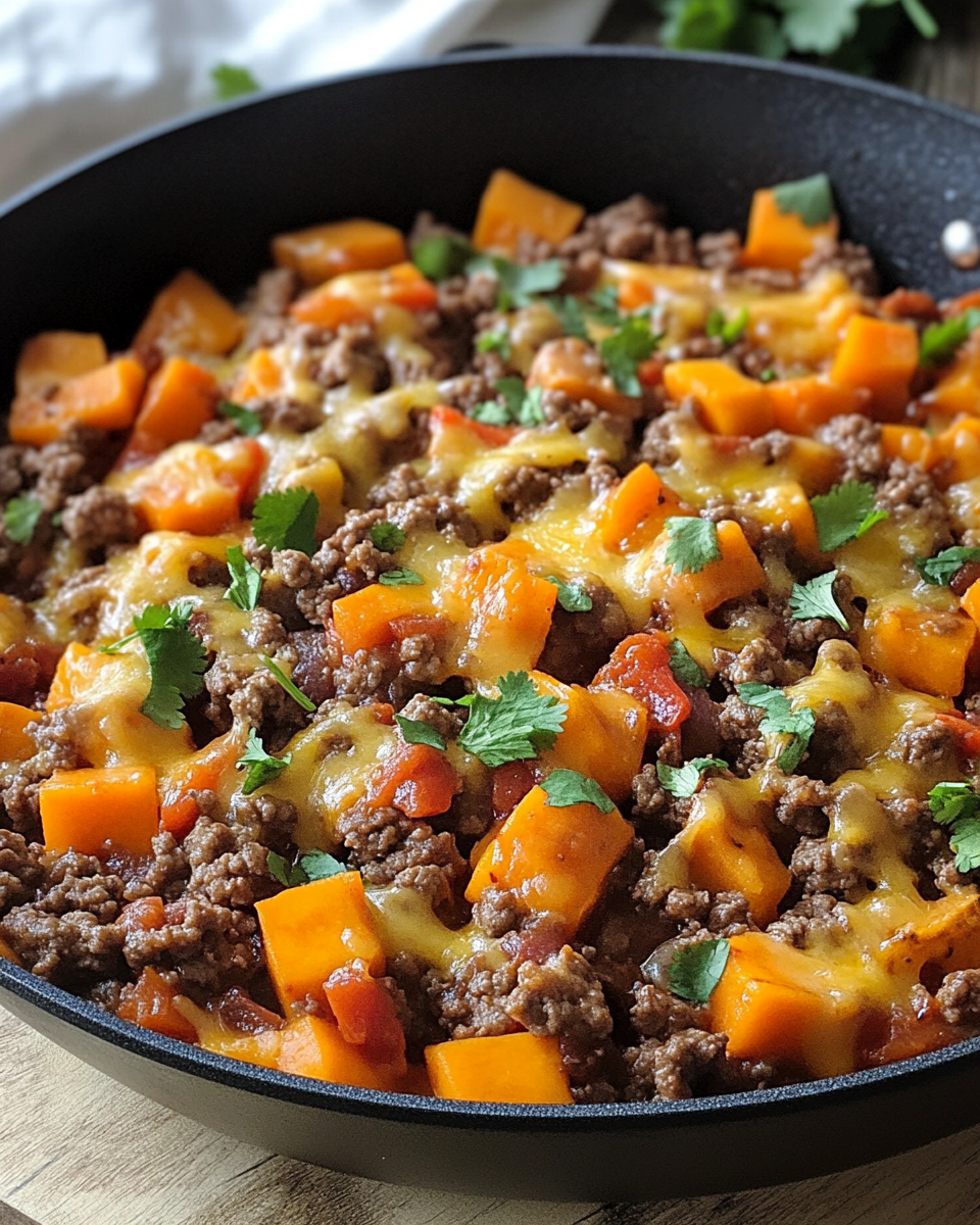 Cheesy Tex-Mex Ground Beef Sweet Potato Skillet