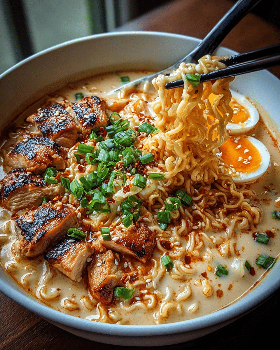 Fiery Chicken Ramen with Creamy Garlic Sauce