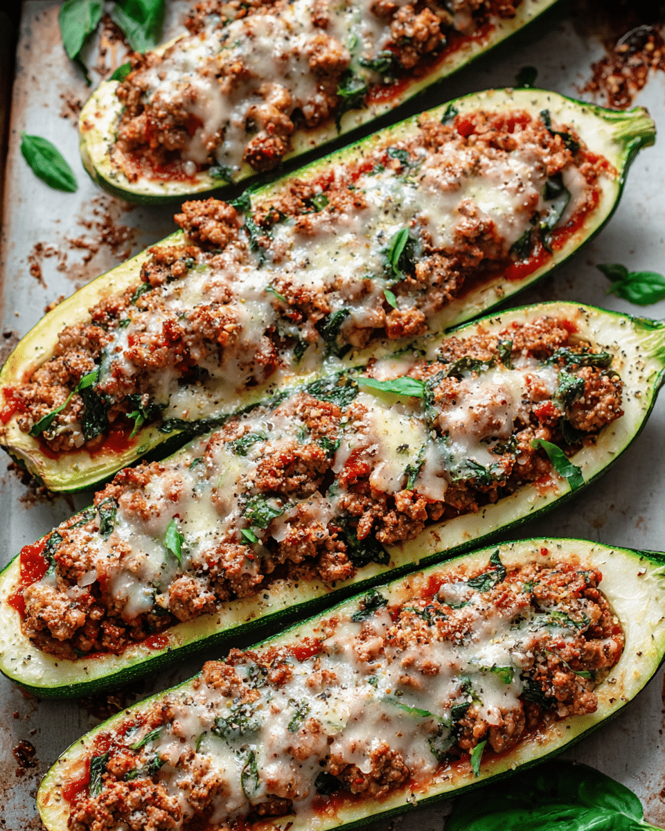 Stuffed Zucchini Boats with Ground Chicken and Spinach