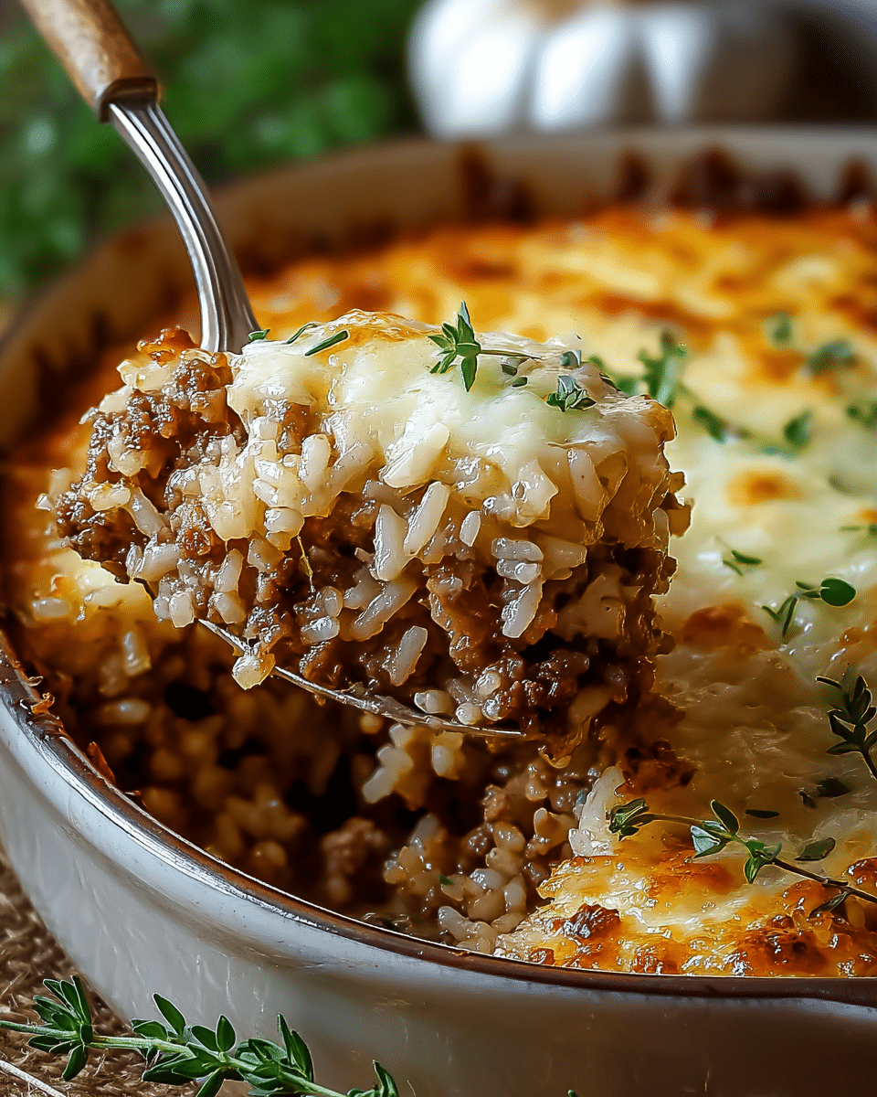 French Onion Beef & Rice Bake