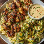 Garlic Chili Oil Chicken Bites with Cajun Alfredo and Charred Zucchini Twists