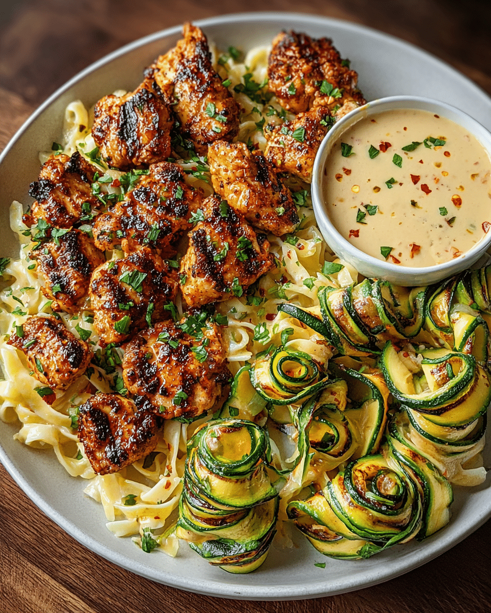 Garlic Chili Oil Chicken Bites with Cajun Alfredo and Charred Zucchini Twists