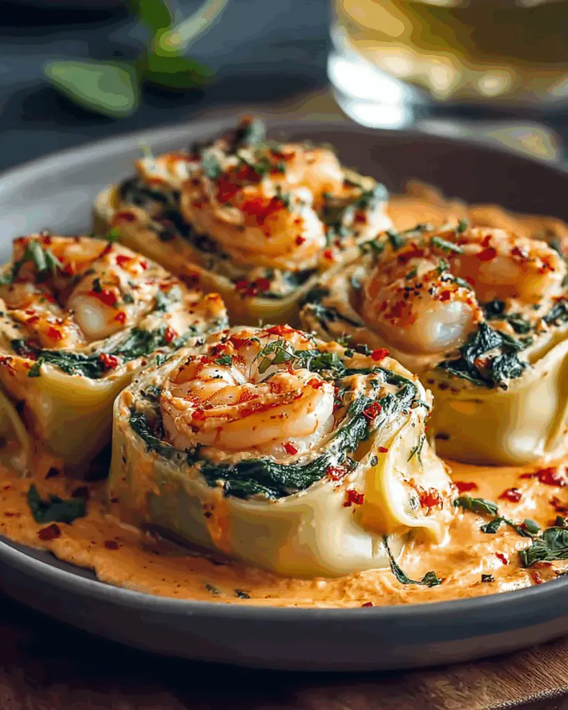 Shrimp and Spinach Stuffed Pasta Rolls