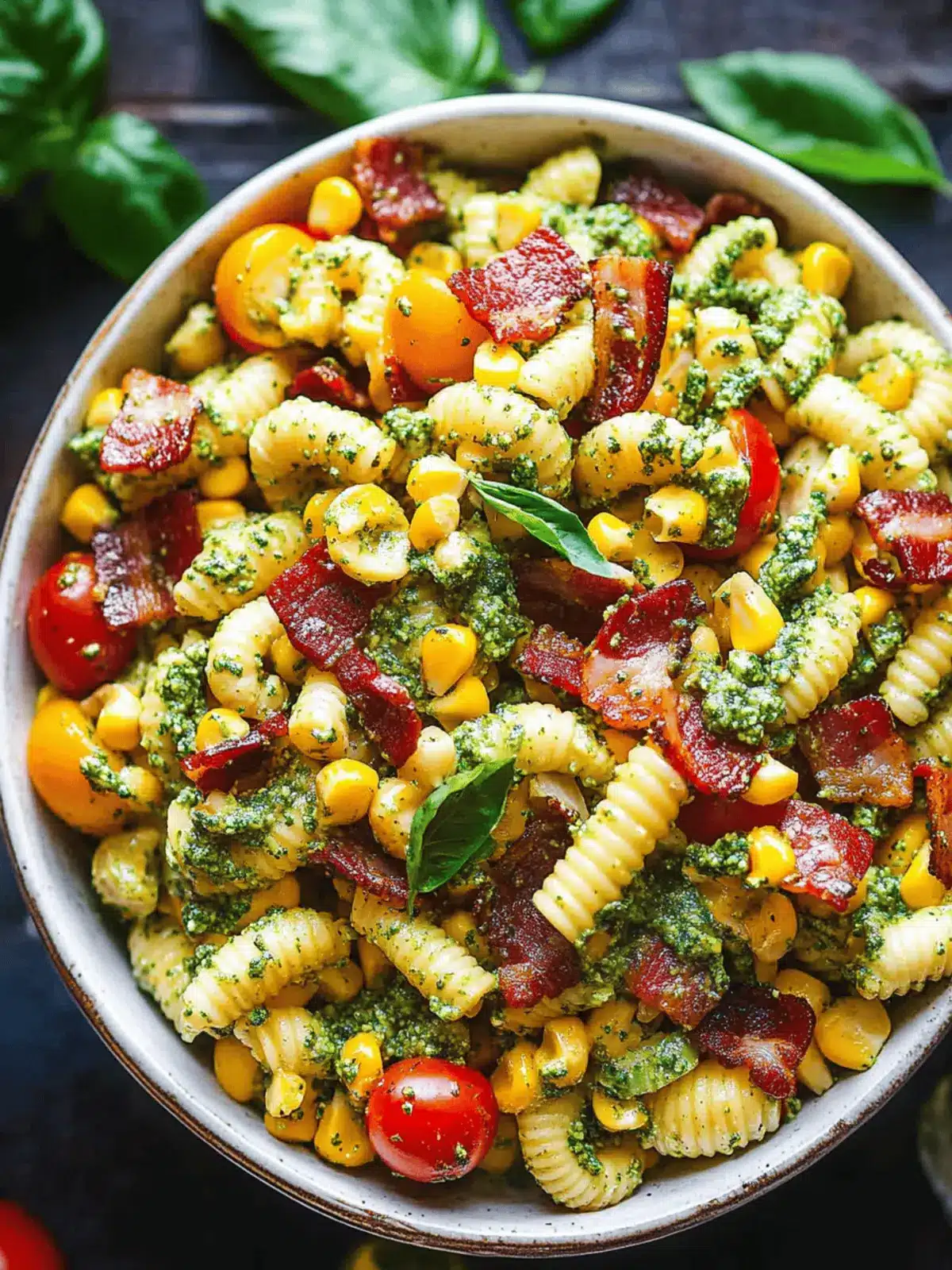 Corn Pasta Salad with Bacon and Creamy Pesto Dressing