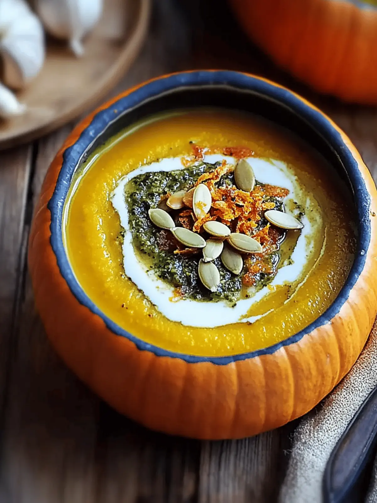 Roasted Garlic Sage Pesto Pumpkin Soup with Spicy Fried Pumpkin Seeds