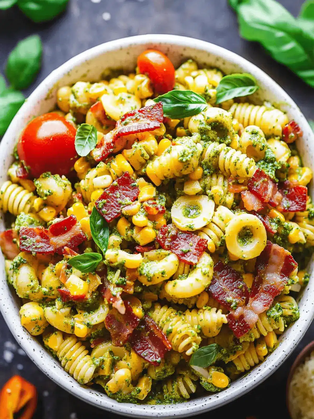 Corn Pasta Salad with Bacon and Creamy Pesto Dressing
