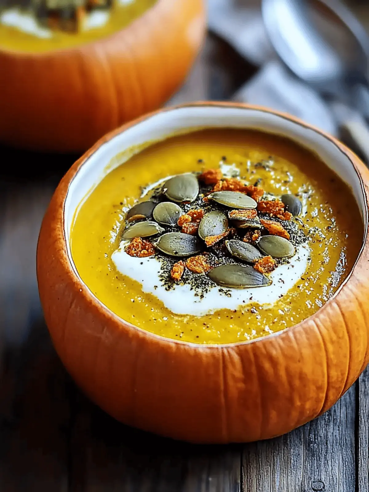 Roasted Garlic Sage Pesto Pumpkin Soup with Spicy Fried Pumpkin Seeds
