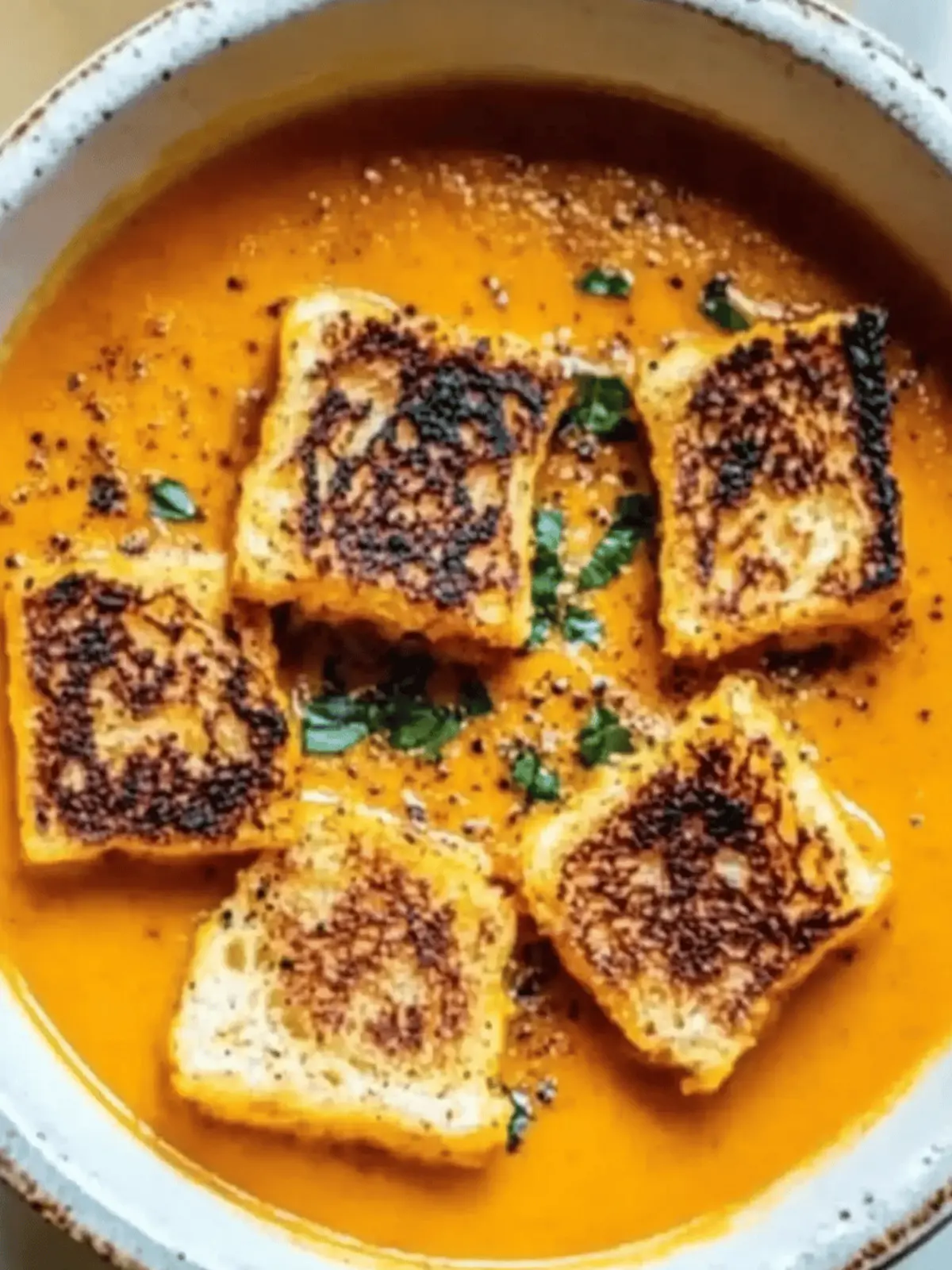 Spicy Pumpkin Soup with Grilled Cheese Croutons