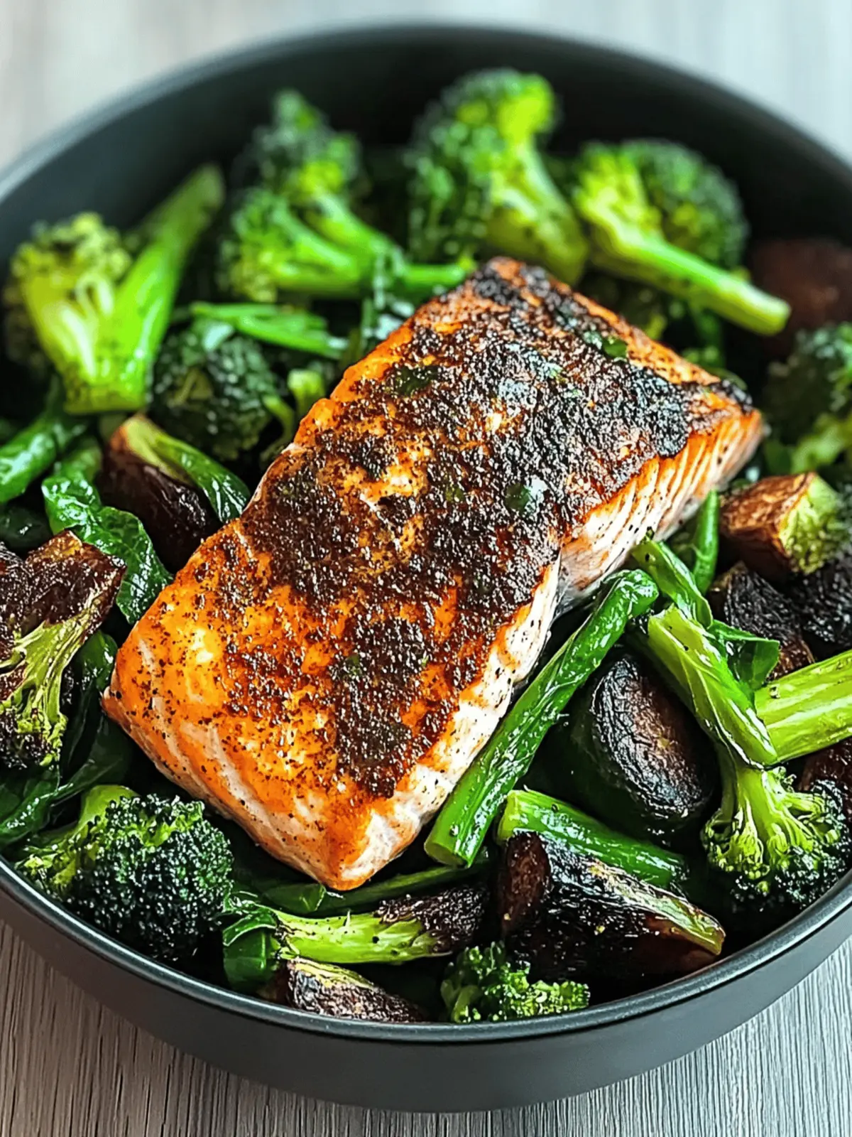 Spiced Salmon Bowl with Roasted Brussels, Sautéed Greens & Steamed Broccoli
