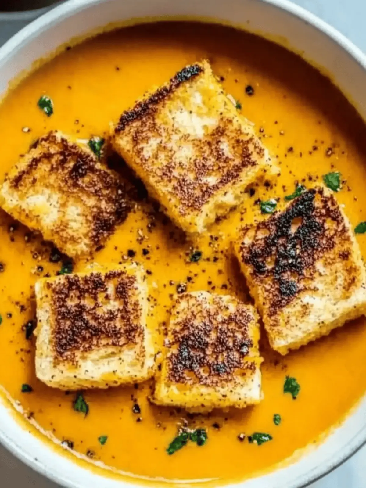Spicy Pumpkin Soup with Grilled Cheese Croutons