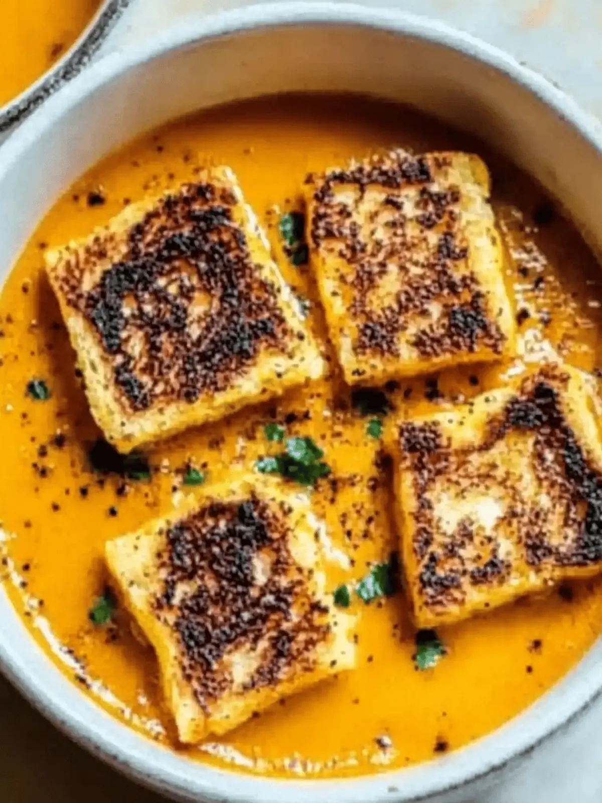 Spicy Pumpkin Soup with Grilled Cheese Croutons