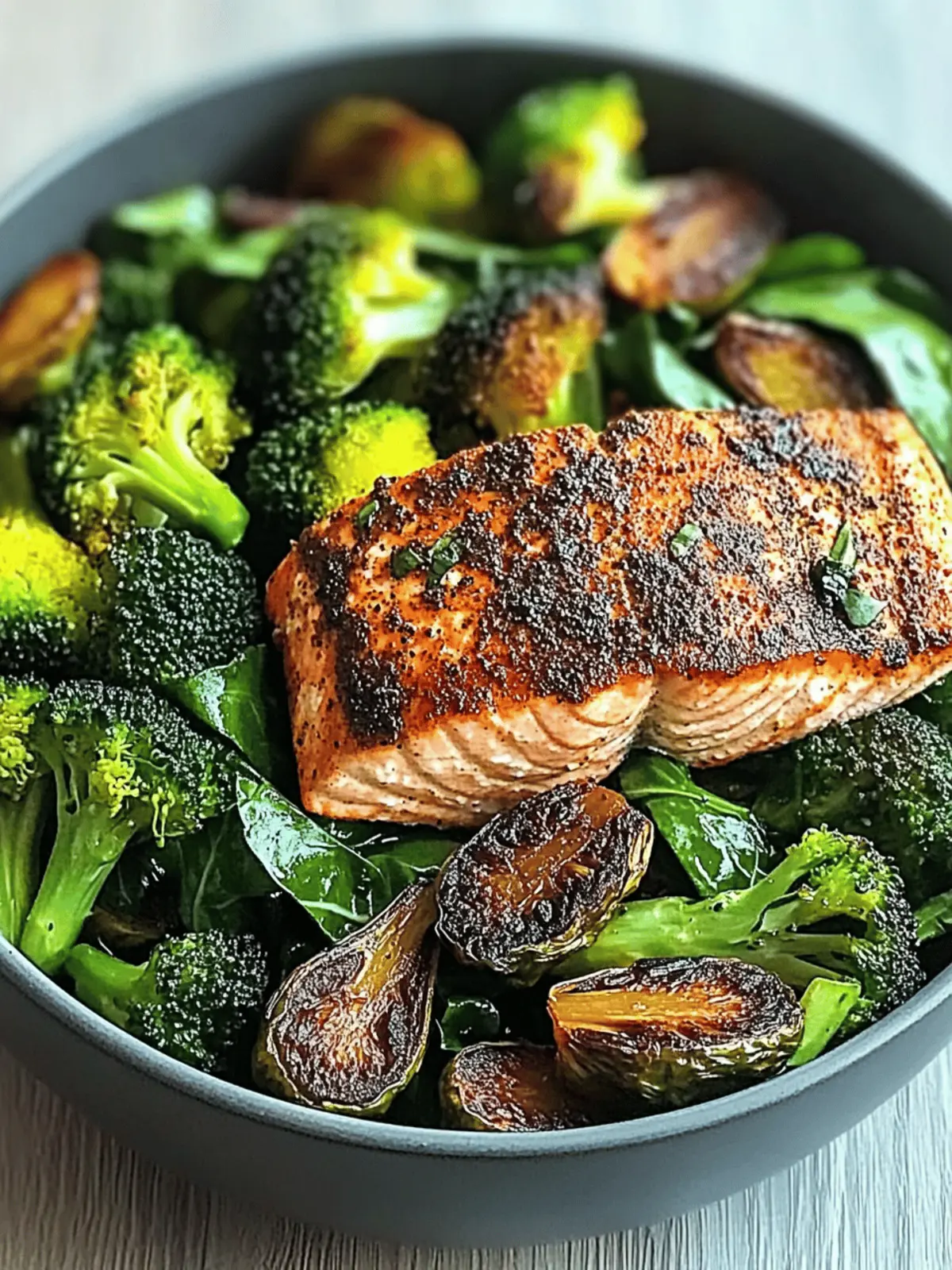 Spiced Salmon Bowl with Roasted Brussels, Sautéed Greens & Steamed Broccoli