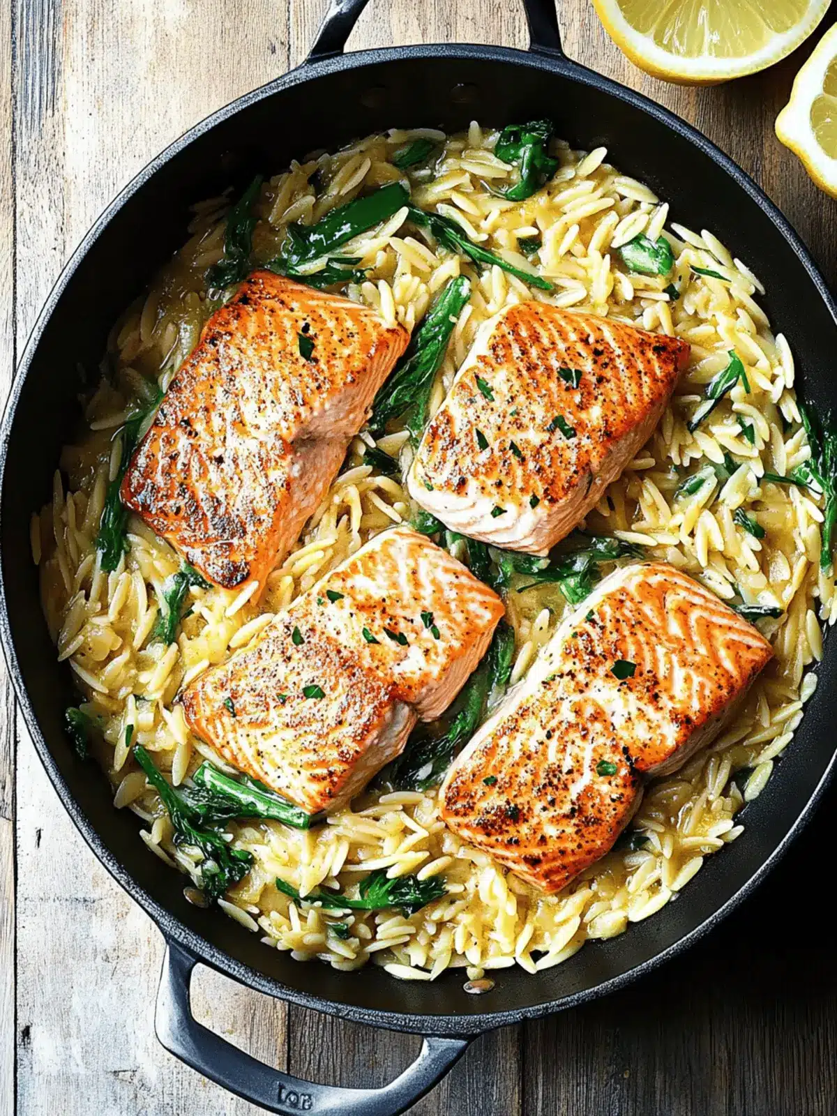One Skillet Salmon with Lemon Orzo