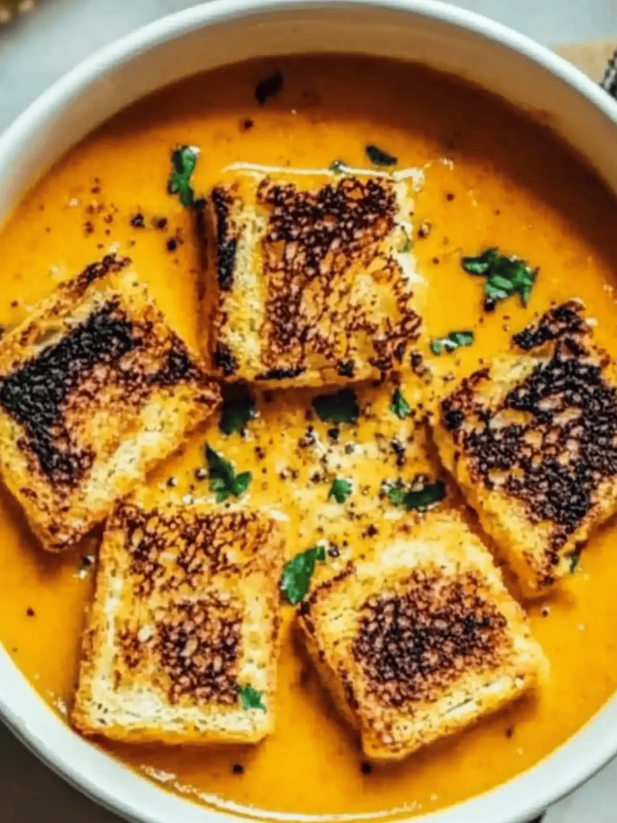 Spicy Pumpkin Soup with Grilled Cheese Croutons