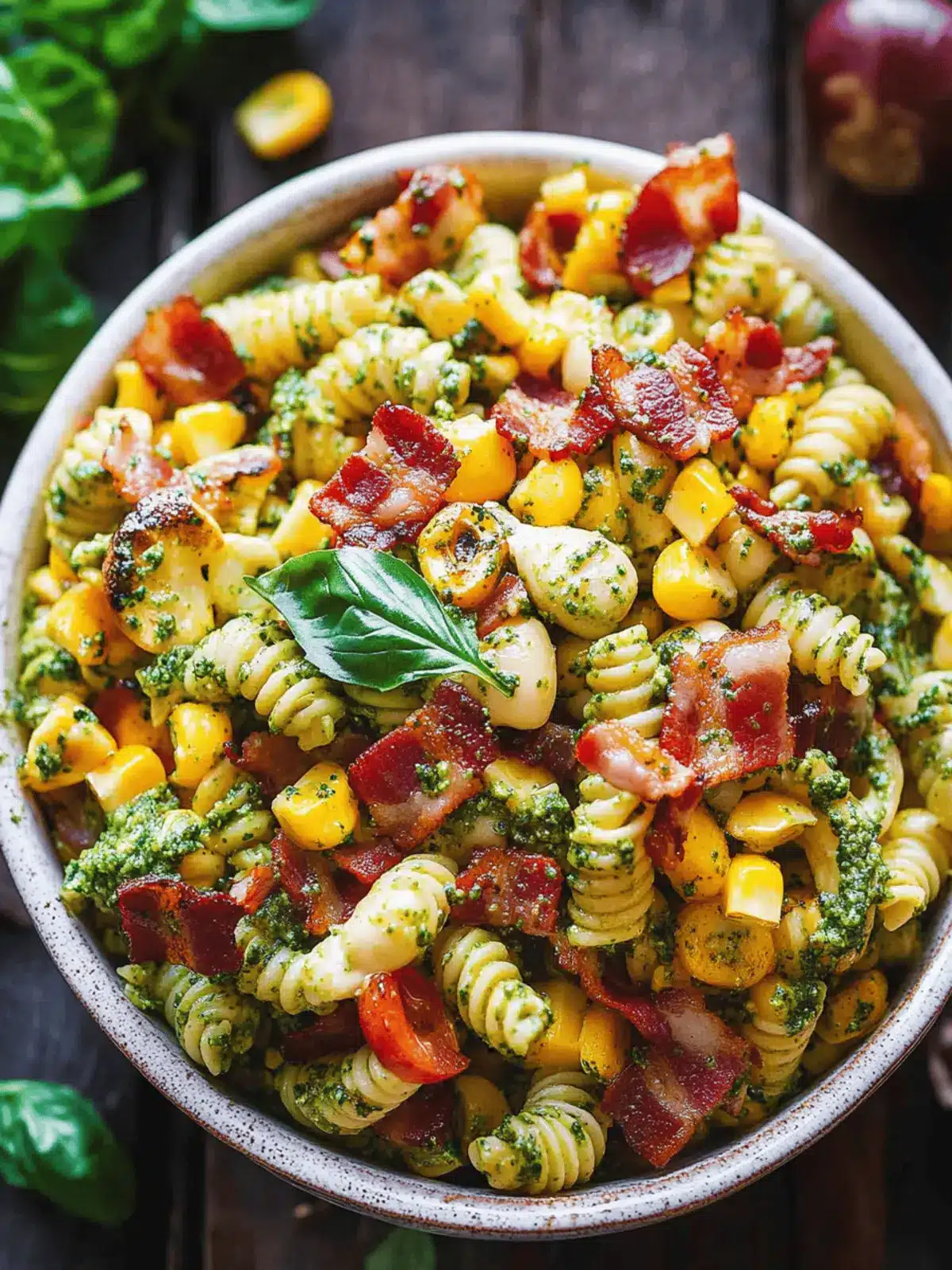 Corn Pasta Salad with Bacon and Creamy Pesto Dressing