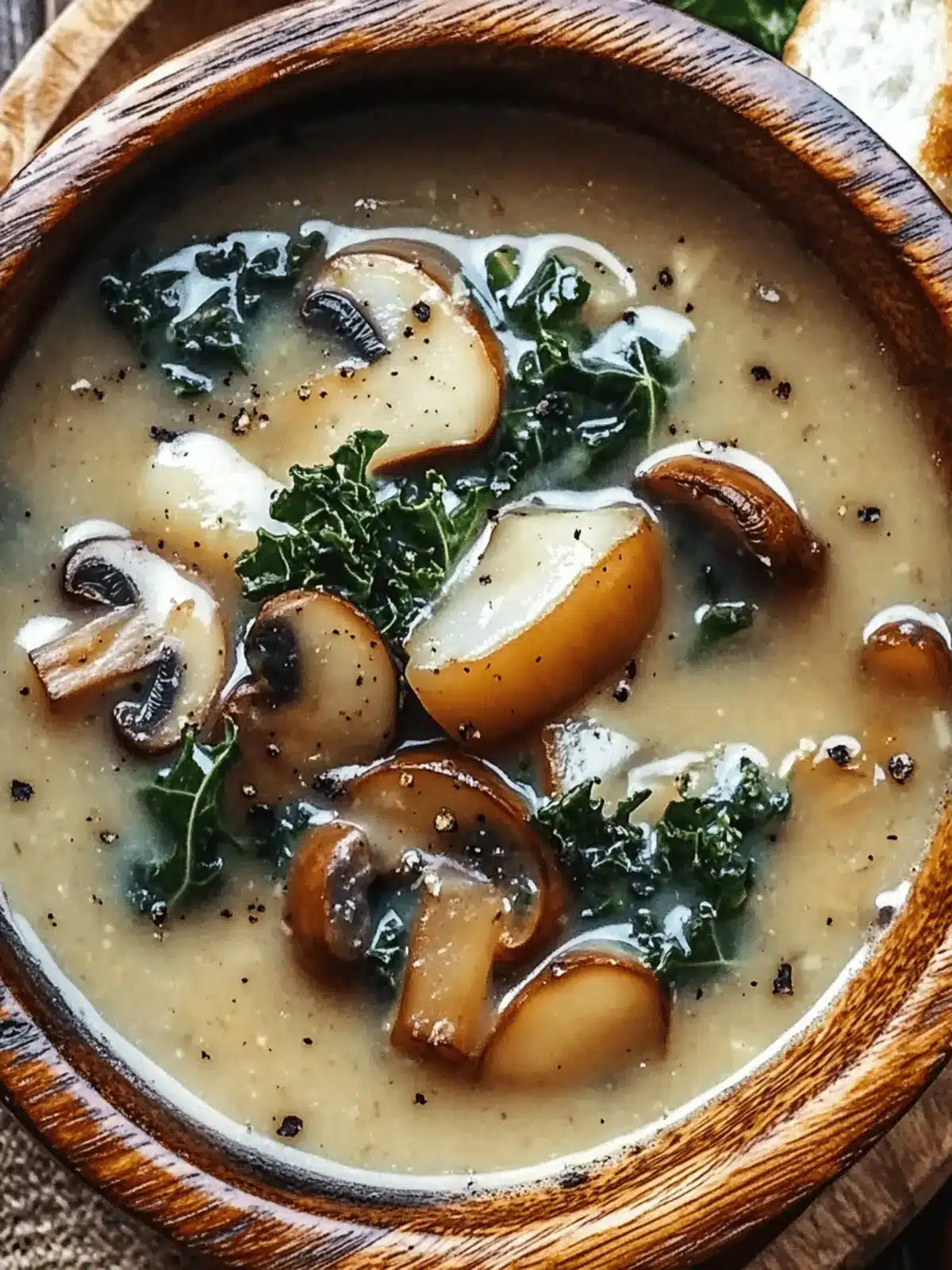 Wild Mushroom, Caramelized Onion and Kale Soup