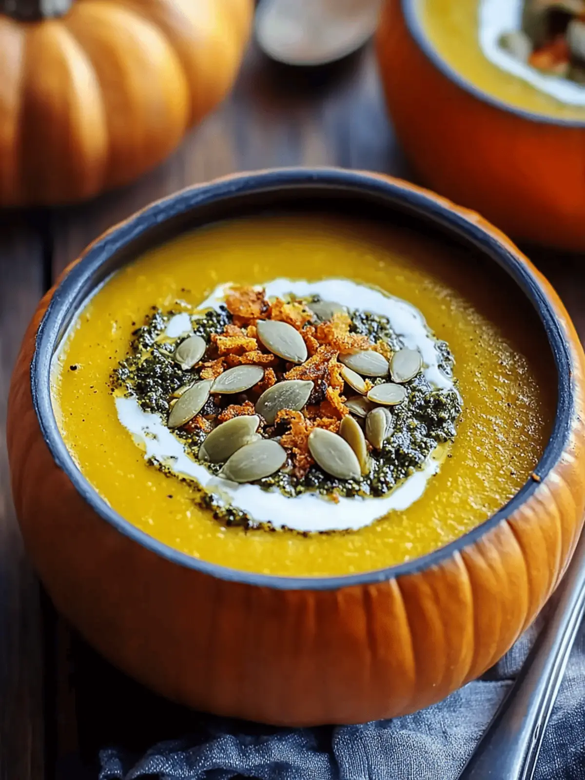 Roasted Garlic Sage Pesto Pumpkin Soup with Spicy Fried Pumpkin Seeds