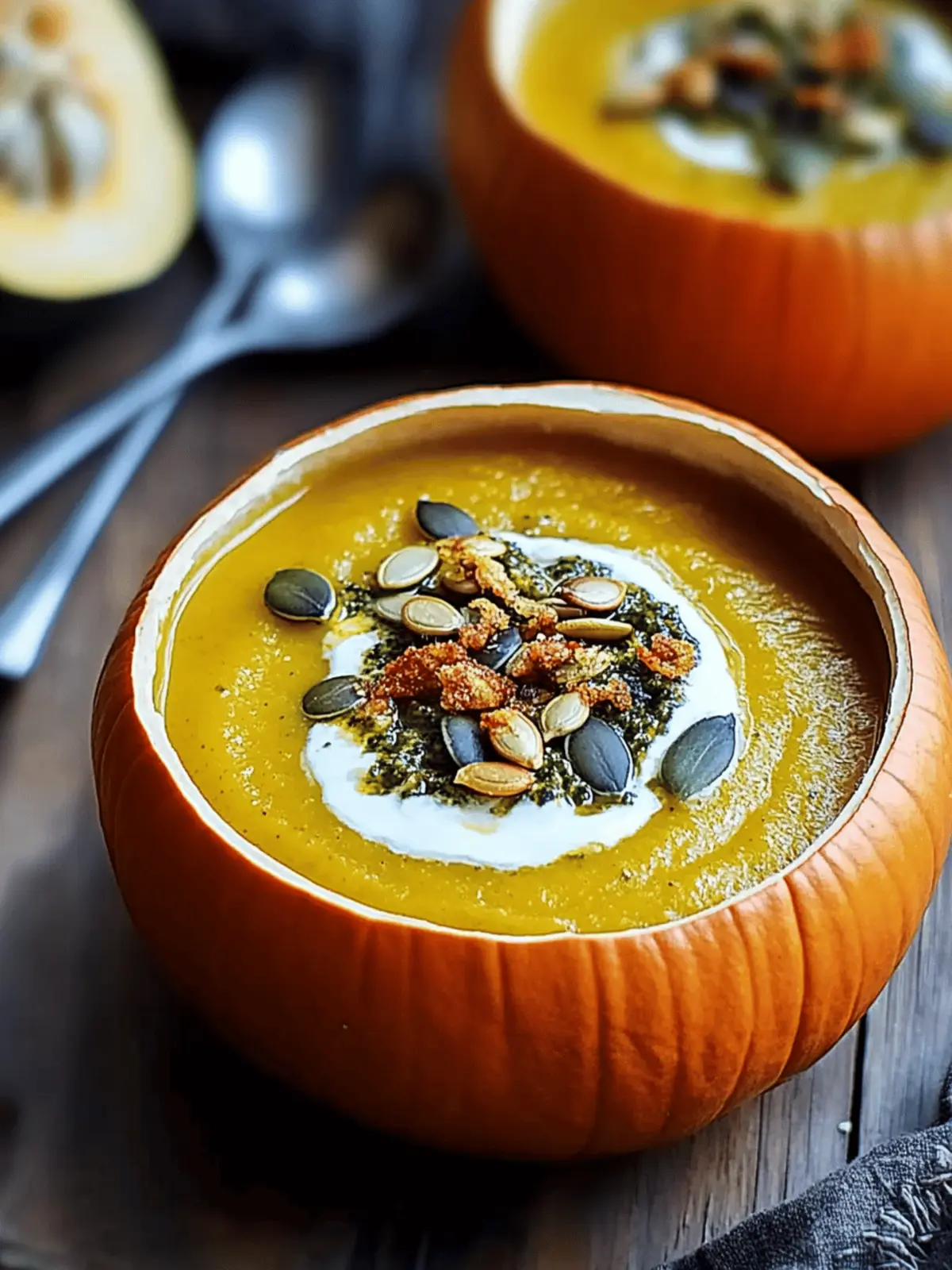 Roasted Garlic Sage Pesto Pumpkin Soup with Spicy Fried Pumpkin Seeds