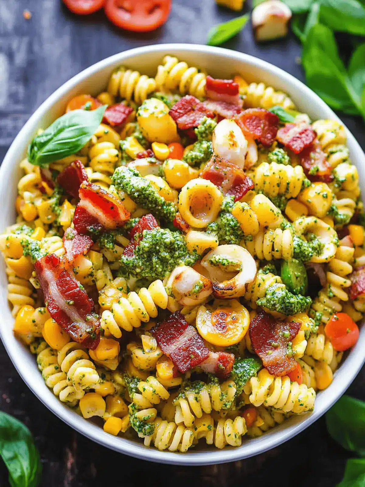 Corn Pasta Salad with Bacon and Creamy Pesto Dressing