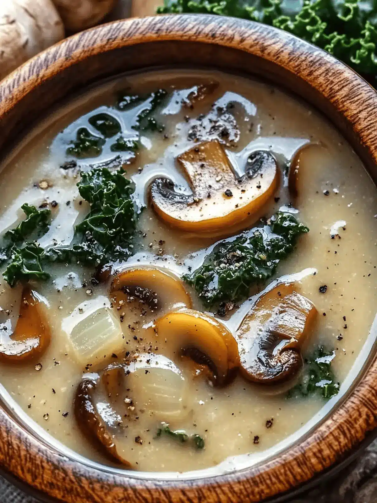 Wild Mushroom, Caramelized Onion and Kale Soup