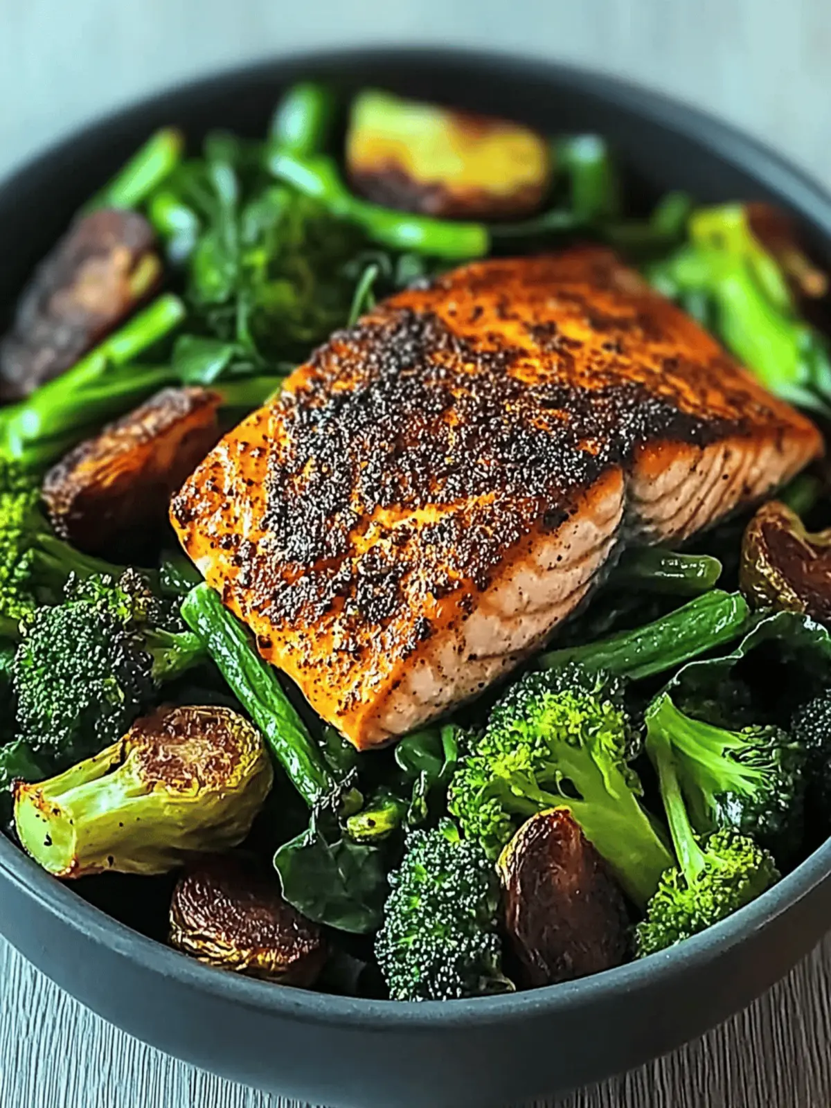 Spiced Salmon Bowl with Roasted Brussels, Sautéed Greens & Steamed Broccoli