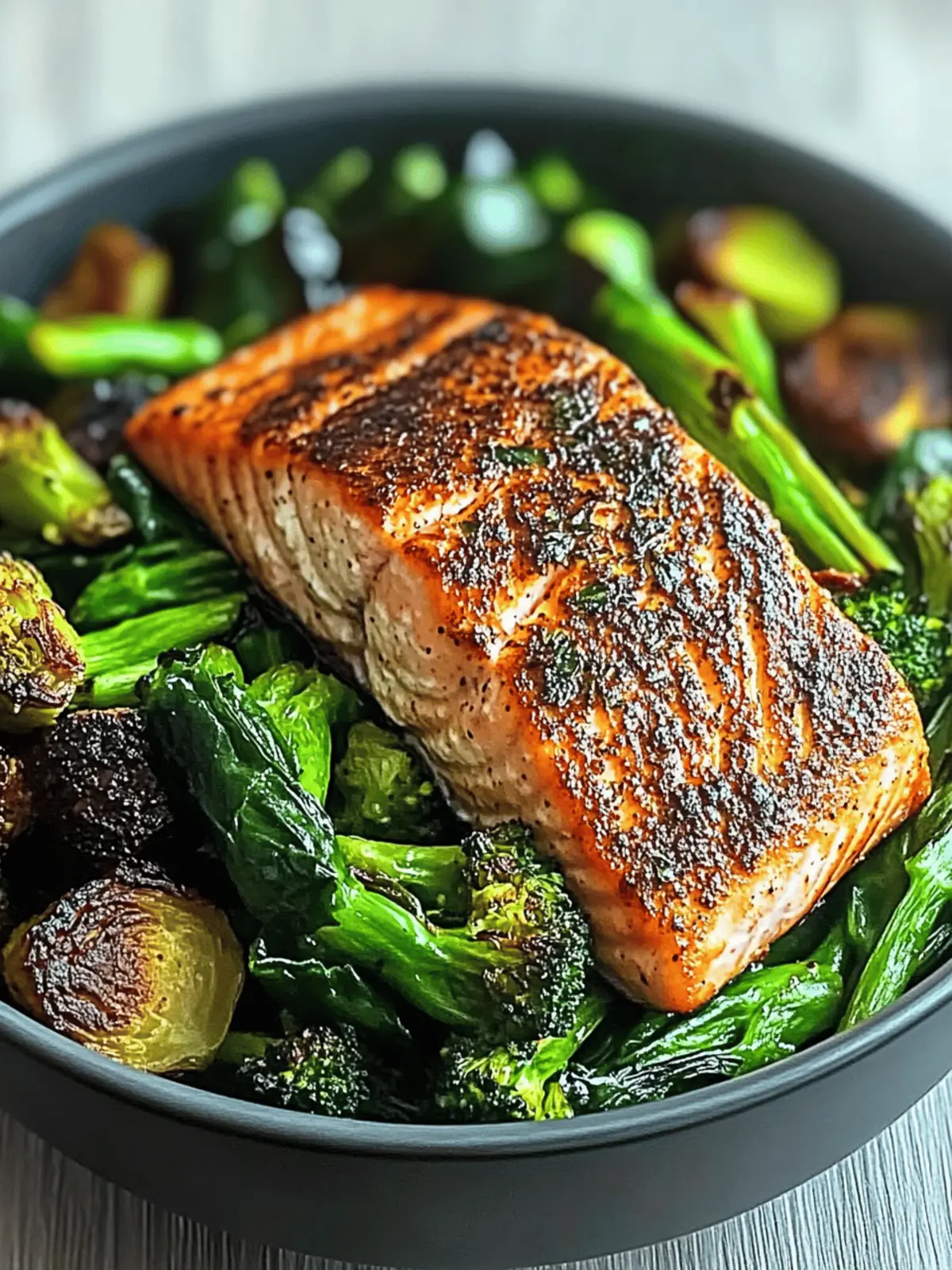 Spiced Salmon Bowl with Roasted Brussels, Sautéed Greens & Steamed Broccoli