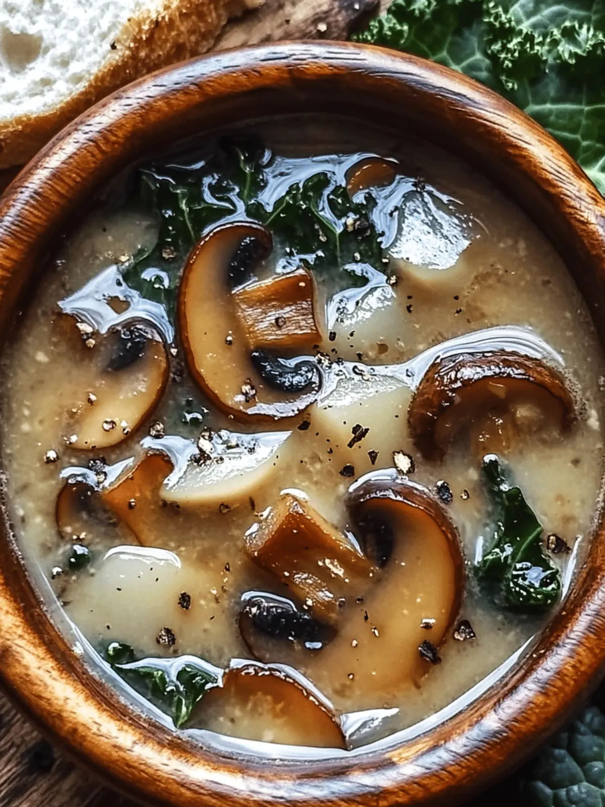 Wild Mushroom, Caramelized Onion and Kale Soup