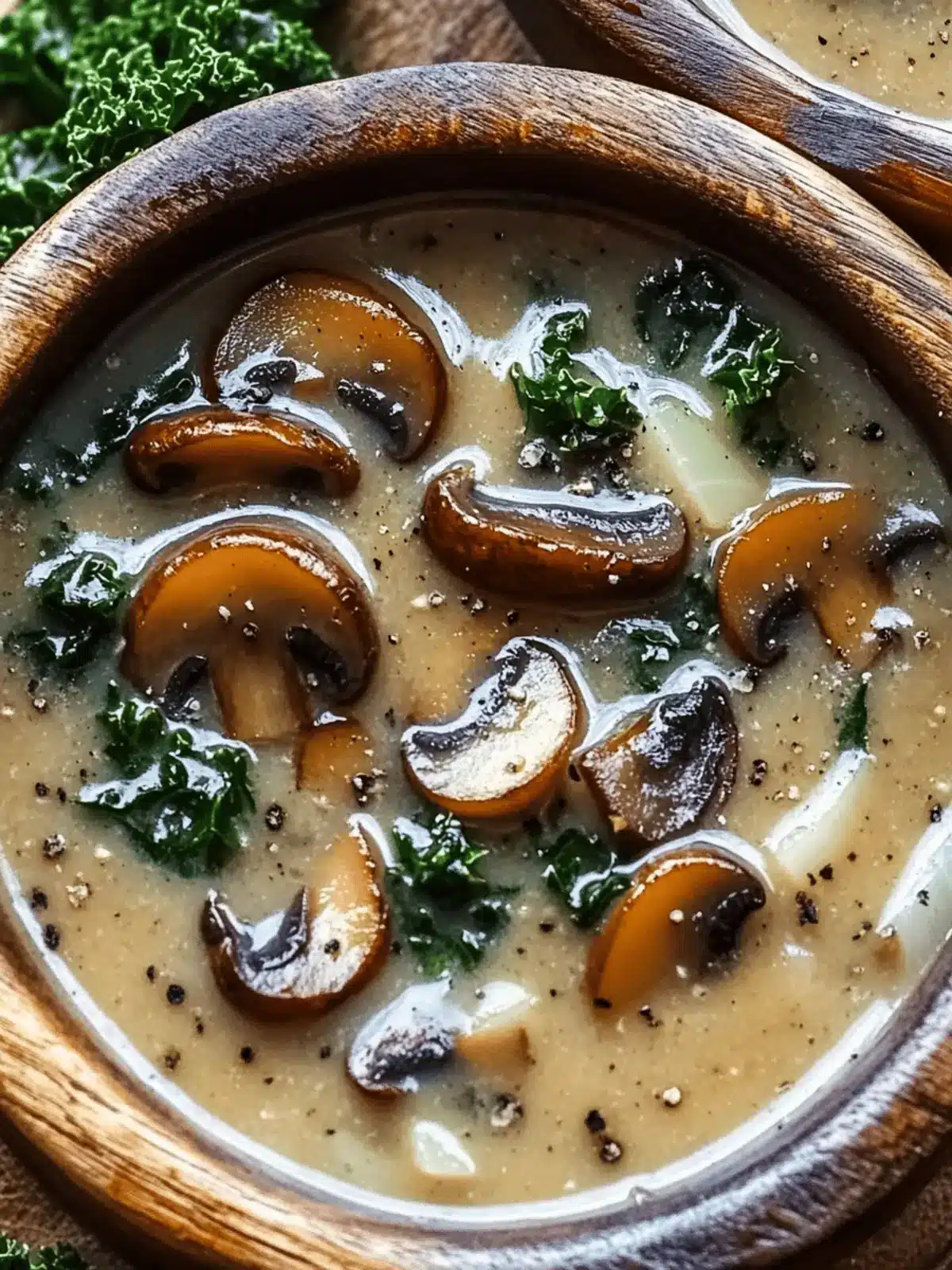 Wild Mushroom, Caramelized Onion and Kale Soup