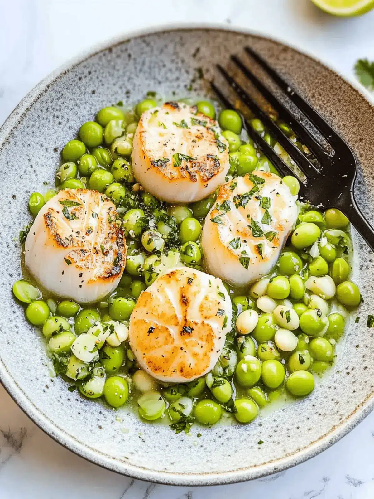 Pan-Seared Scallops with Edamame & Peas