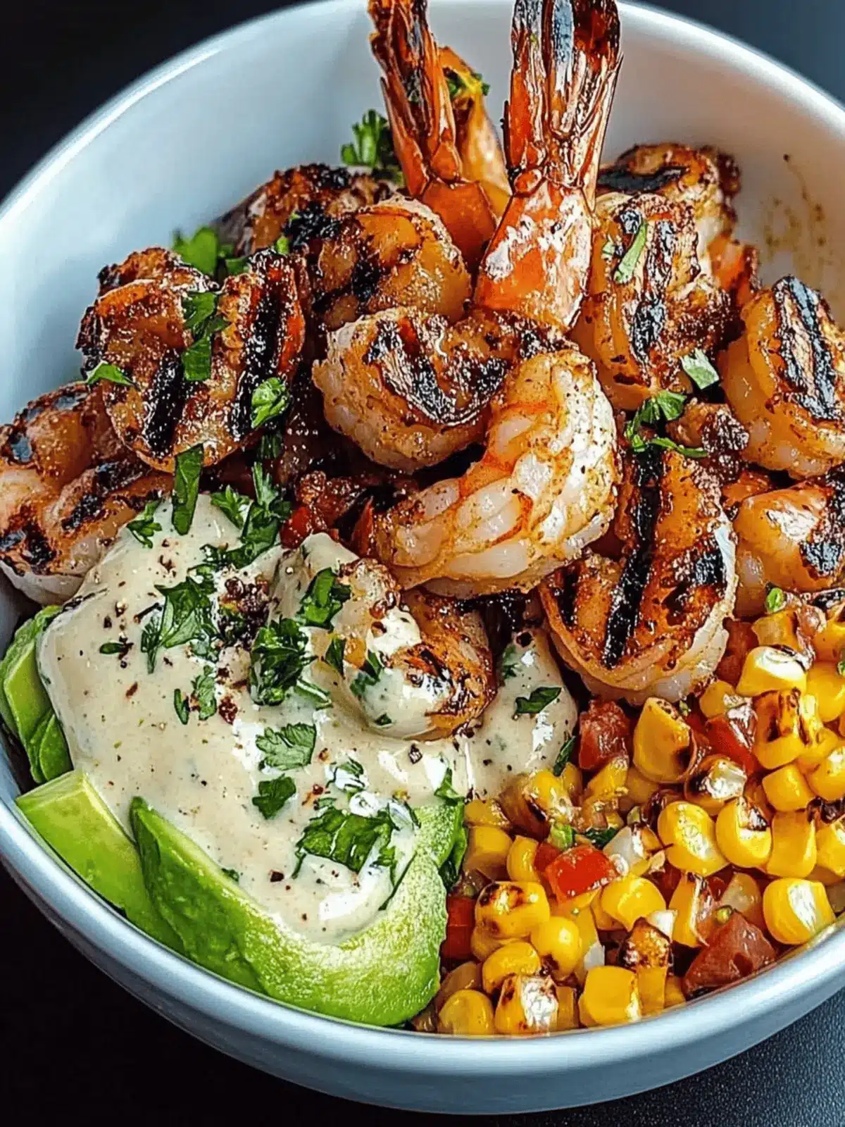 Grilled Shrimp Bowl with Avocado, Corn Salsa & Creamy Garlic Sauce