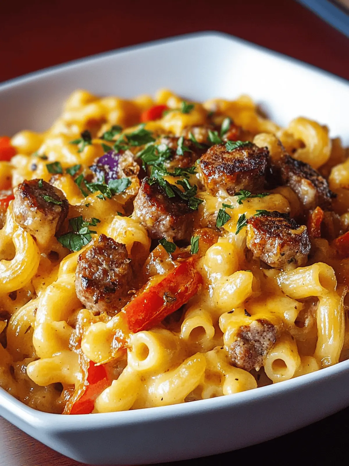 Sausage Mac and Cheese with Peppers and Onions