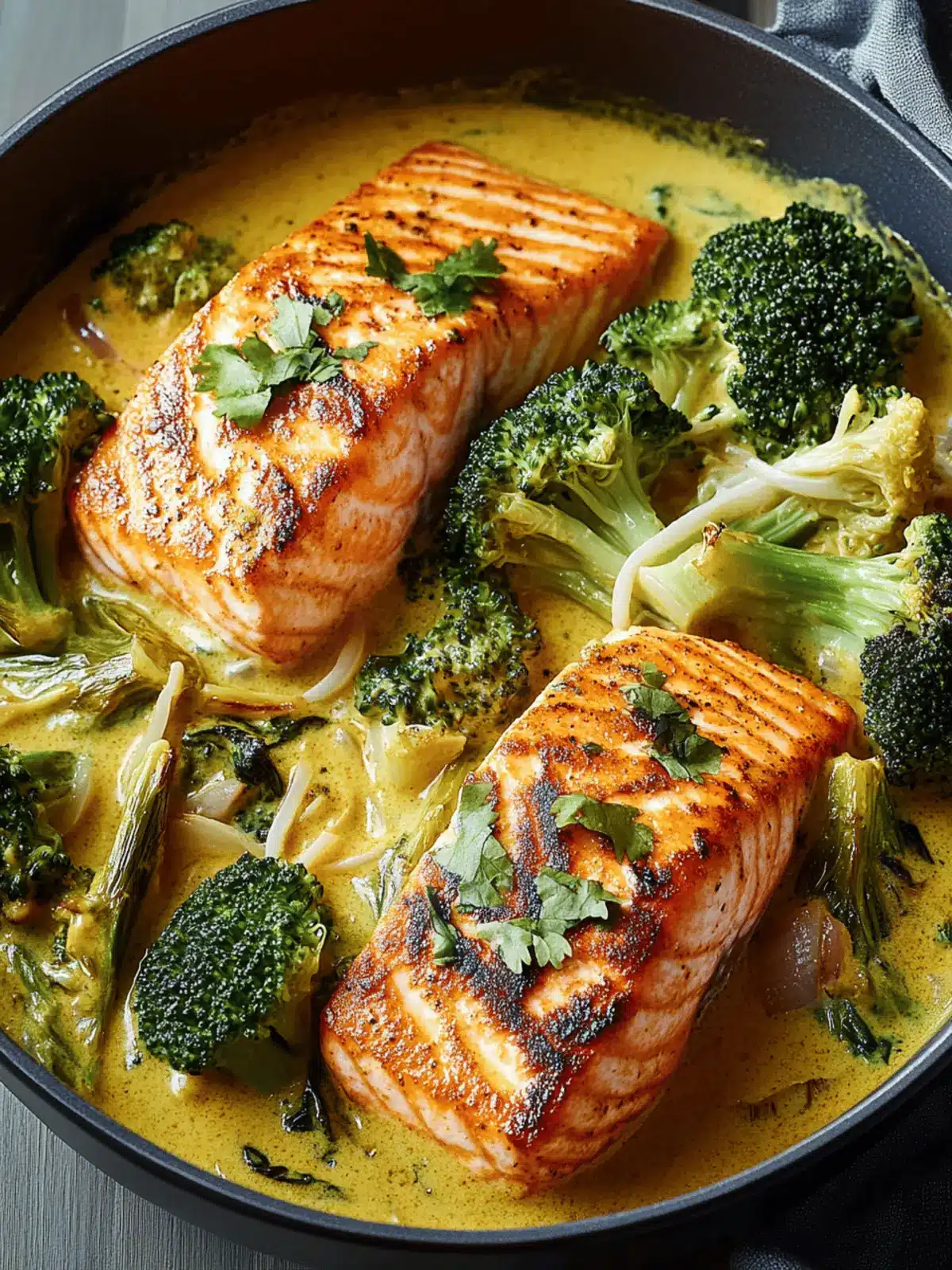 Creamy Coconut Curry Salmon with Tender Broccoli