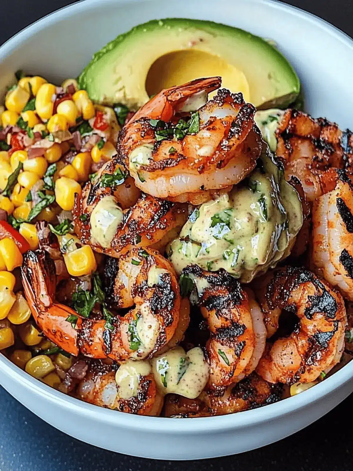 Grilled Shrimp Bowl with Avocado, Corn Salsa & Creamy Garlic Sauce