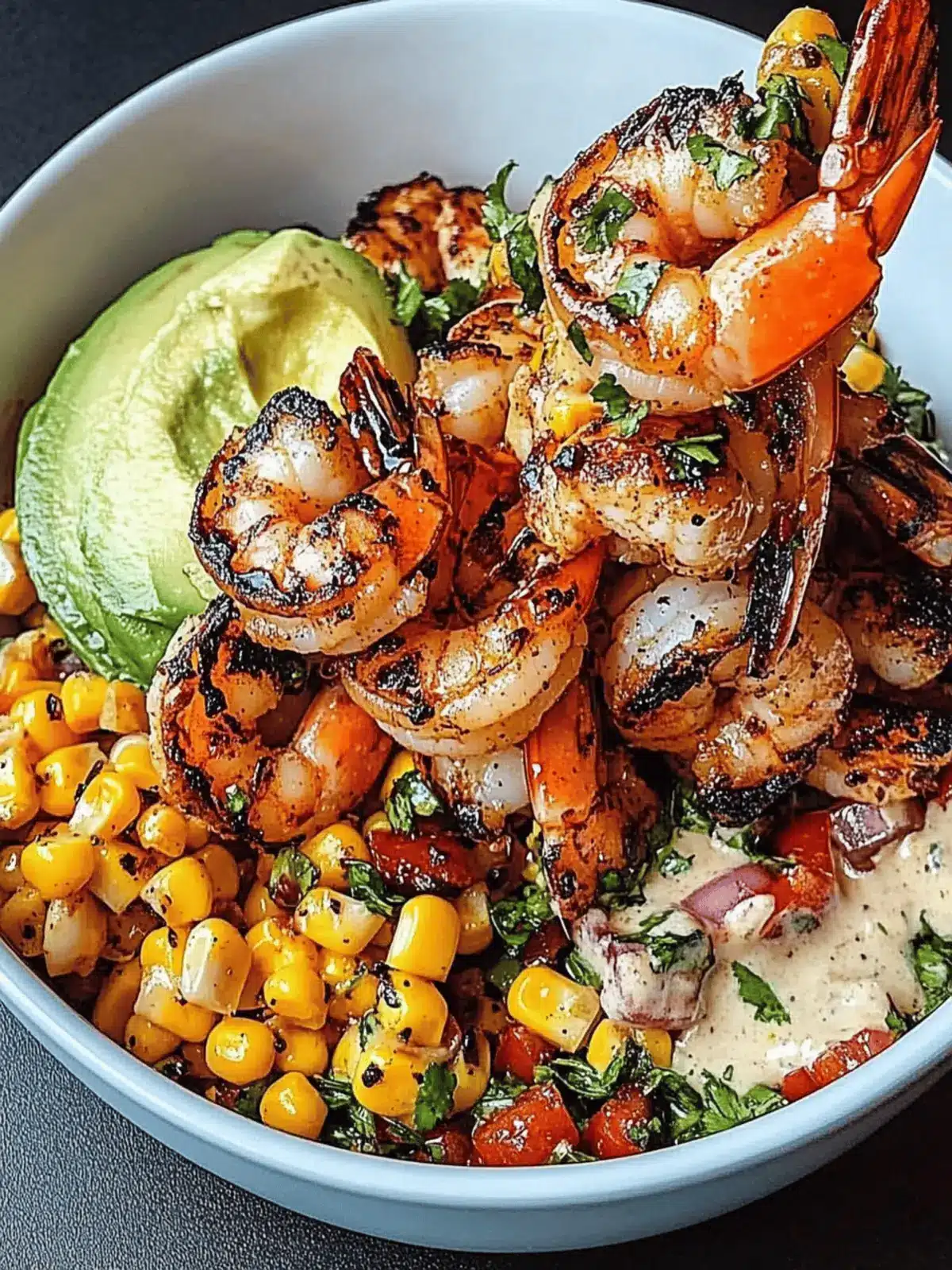 Grilled Shrimp Bowl with Avocado, Corn Salsa & Creamy Garlic Sauce