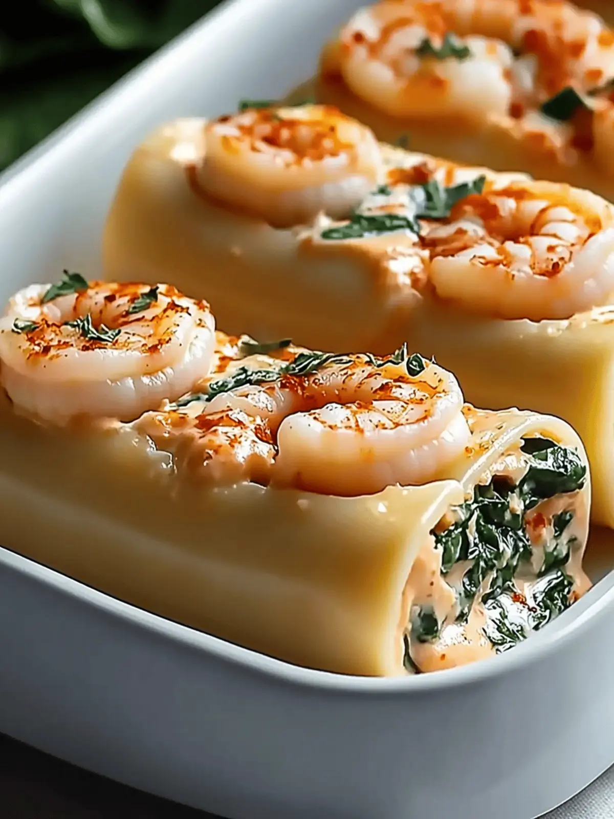 Shrimp and Spinach Stuffed Pasta Rolls in Creamy Bliss 4 Shrimp and Spinach Stuffed Pasta Rolls with Roasted Red Pepper Cream