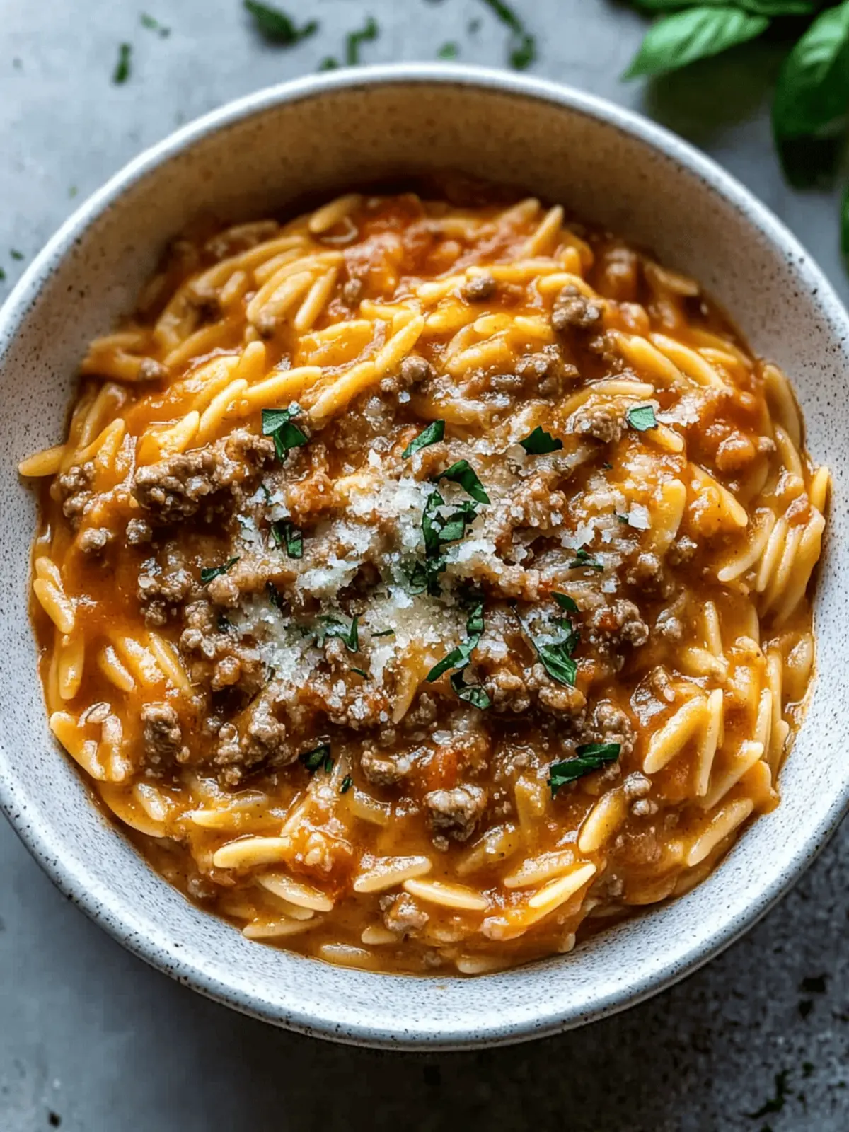 Ground Beef Orzo with Tomato Cream Sauce and Fresh Basil