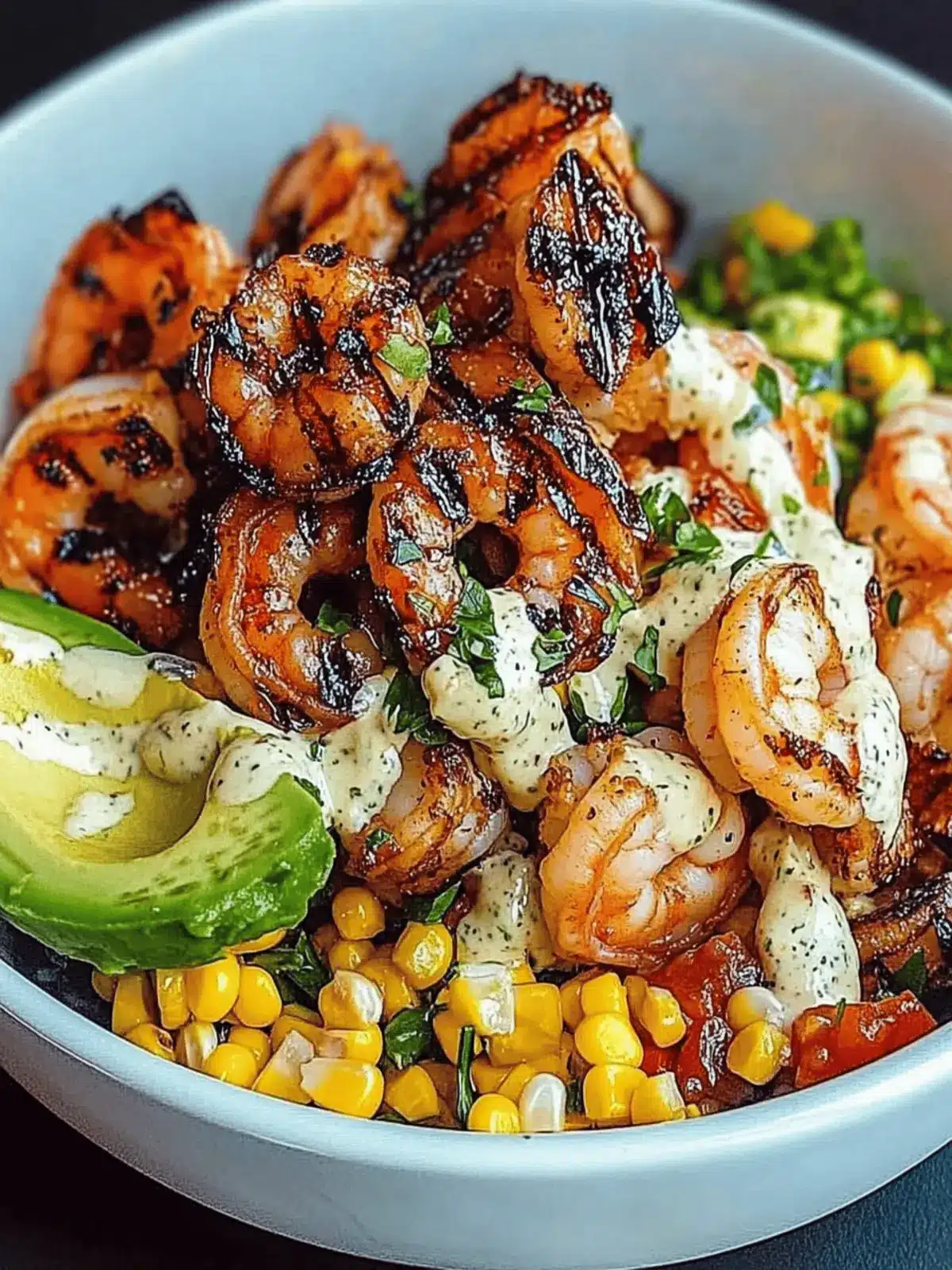 Grilled Shrimp Bowl with Avocado, Corn Salsa & Creamy Garlic Sauce