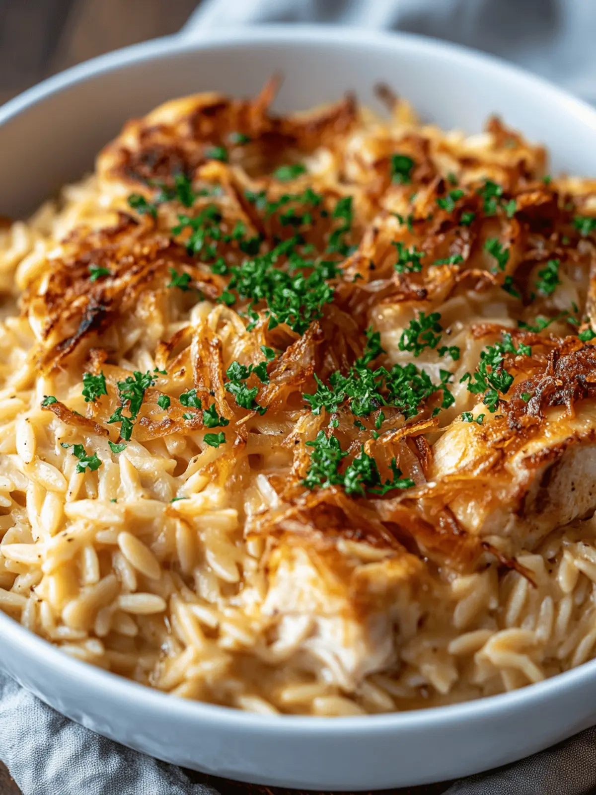 French Onion Chicken Orzo Casserole