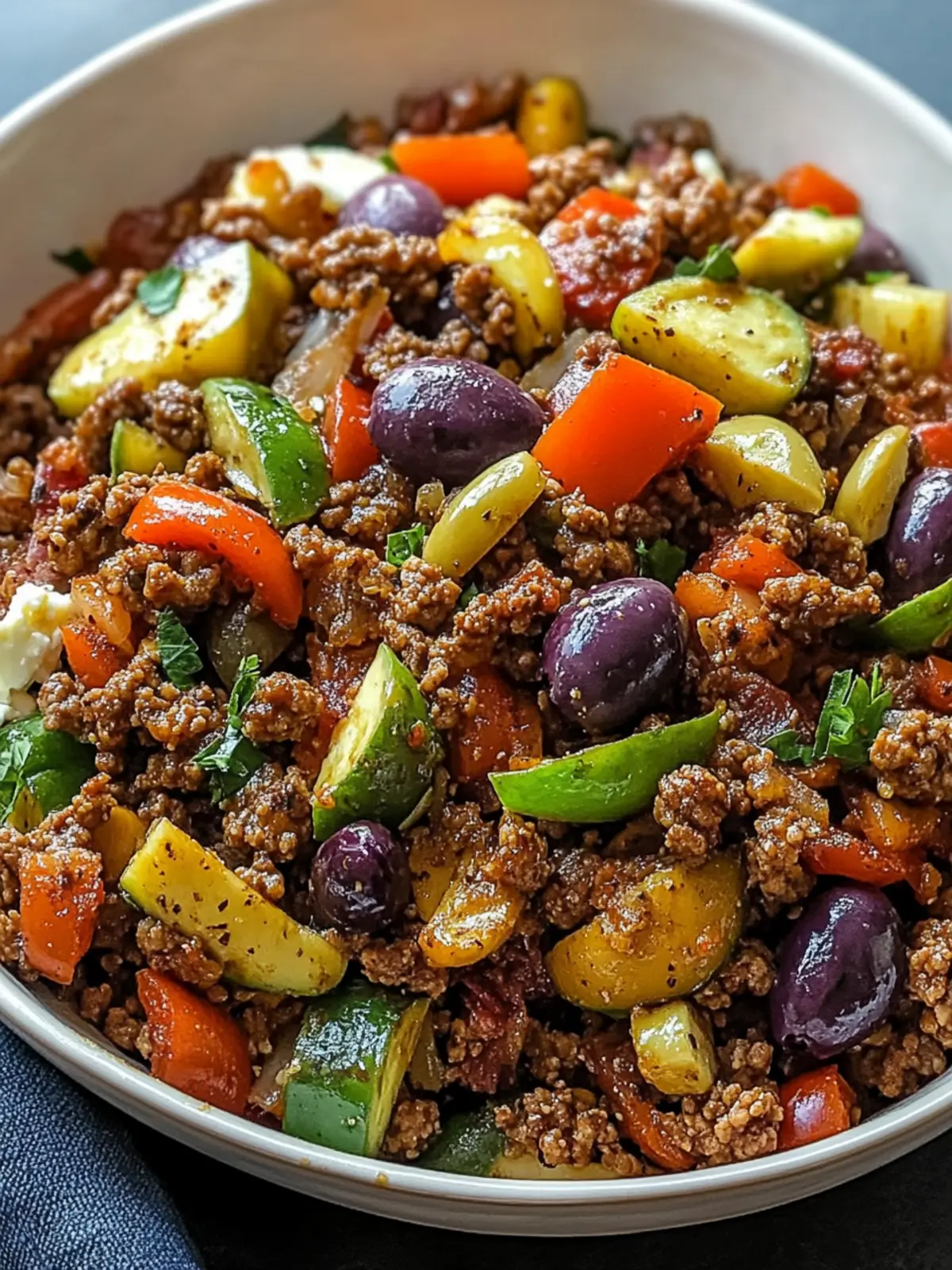 Mediterranean Ground Beef Stir-fry with Olives & Feta