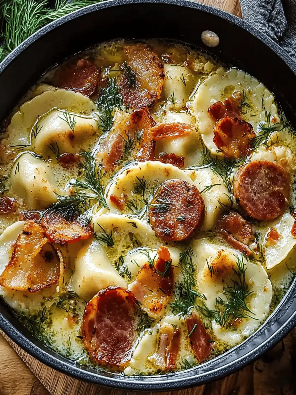 Comforting Smoky Pierogi Soup with Bacon, Chicken Sausage & Dill Oil 2 Smoky Pierogi Soup with Bacon, Chicken Sausage & Dill Oil