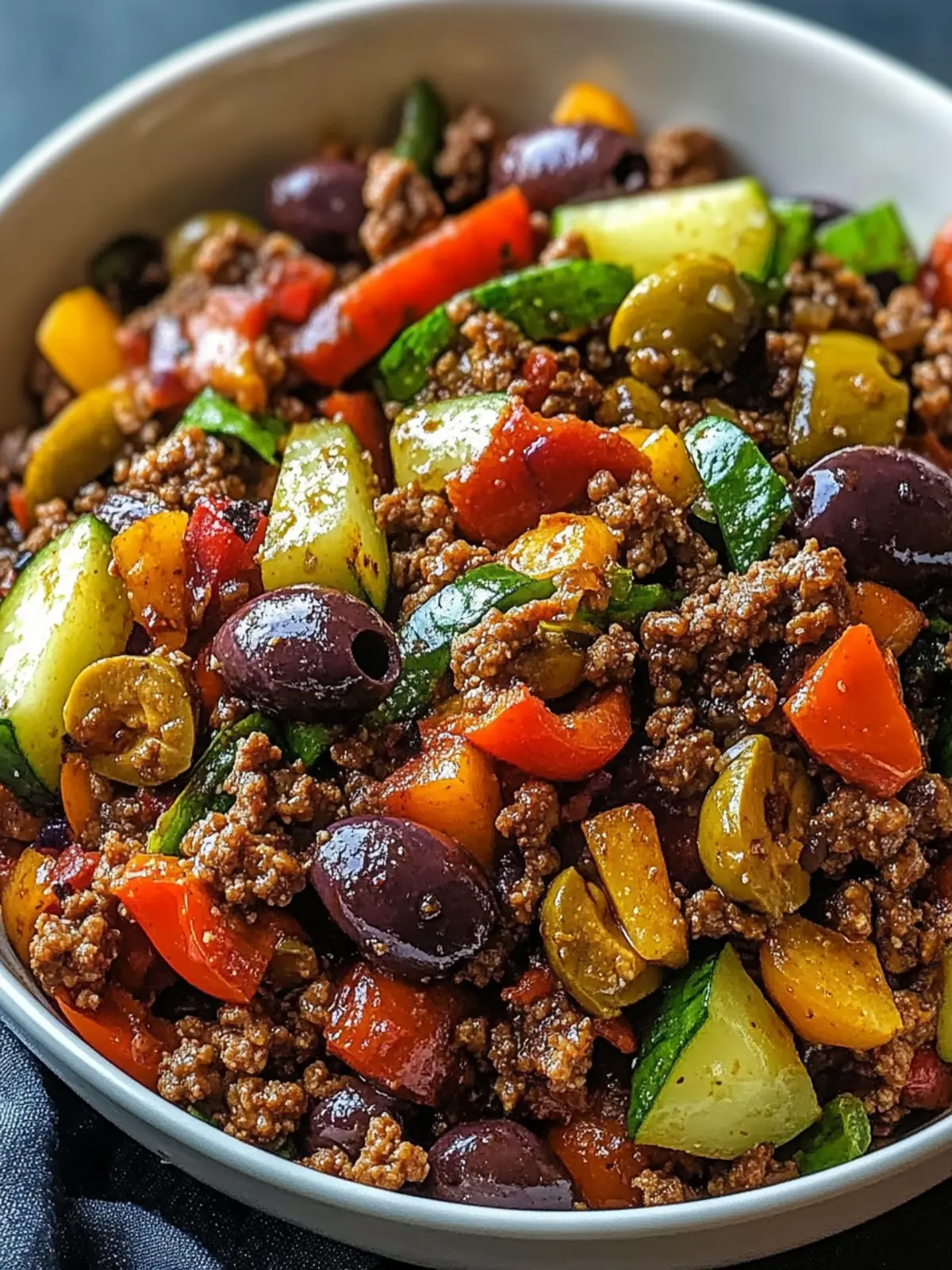Mediterranean Ground Beef Stir-fry with Olives & Feta