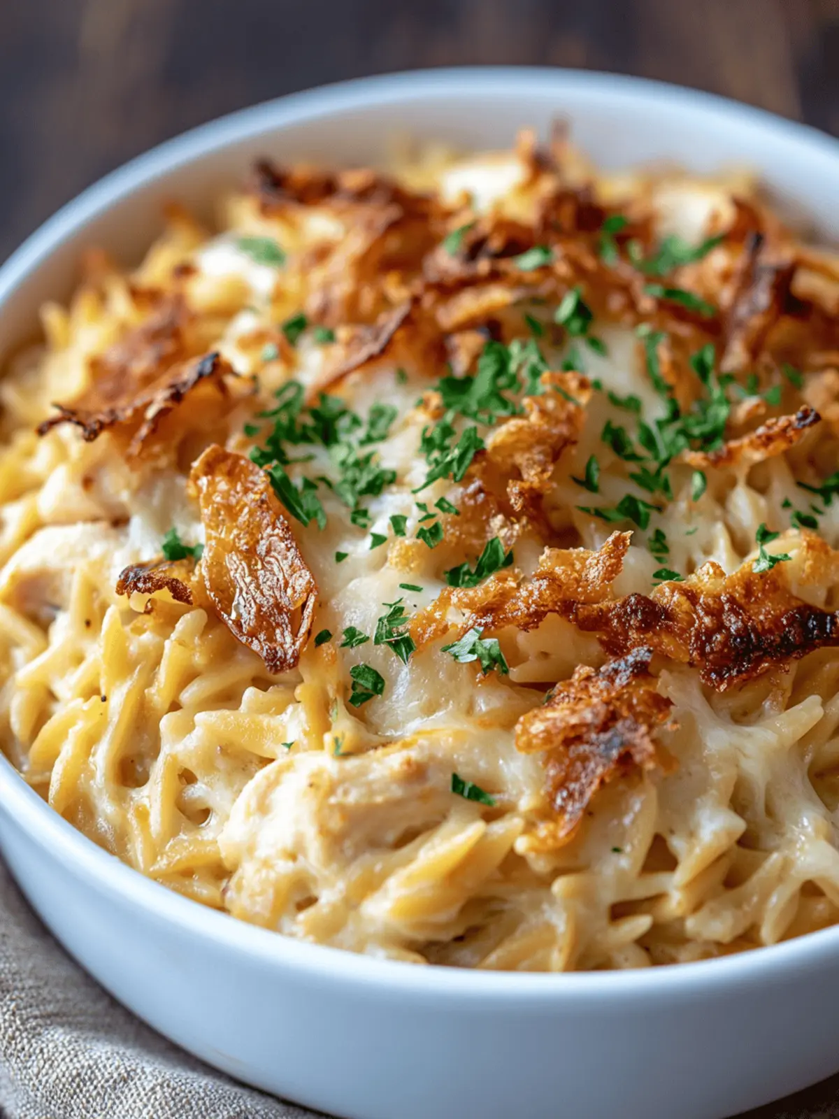 French Onion Chicken Orzo Casserole