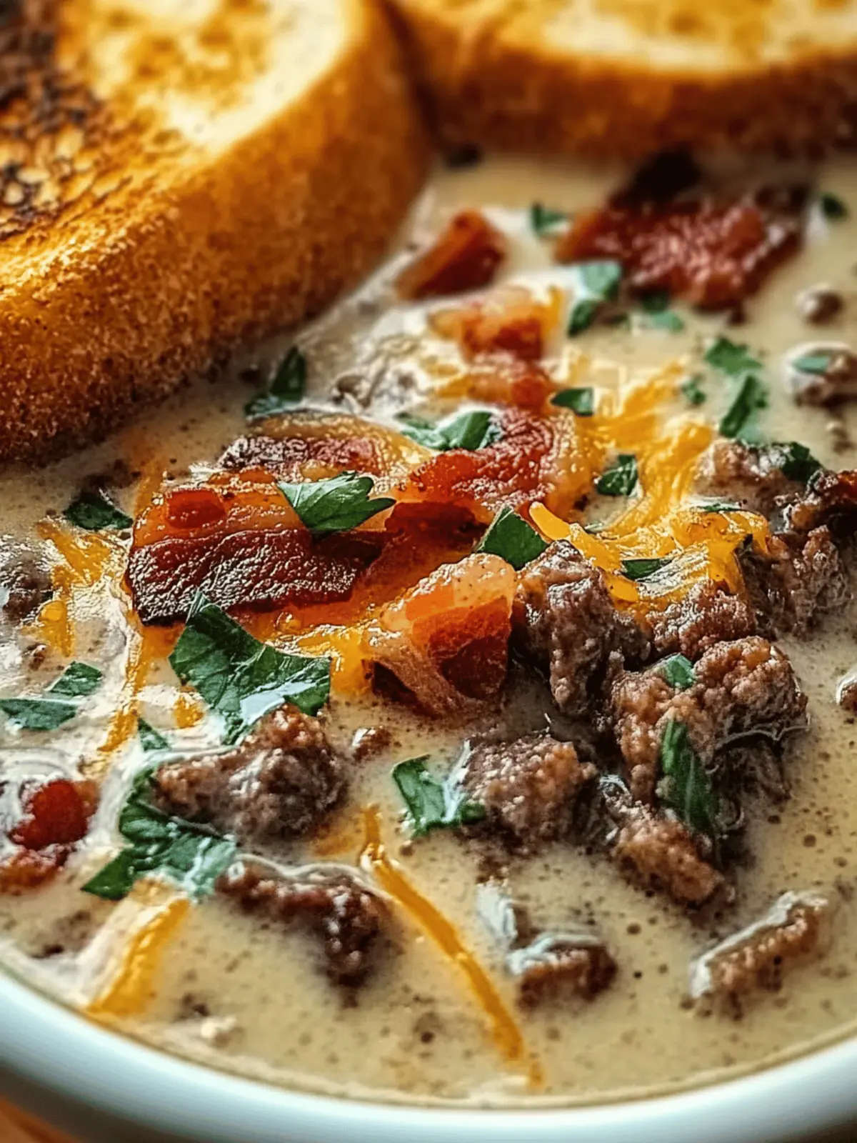 one-pot Philly cheesesteak soup with bacon and cheesy toast