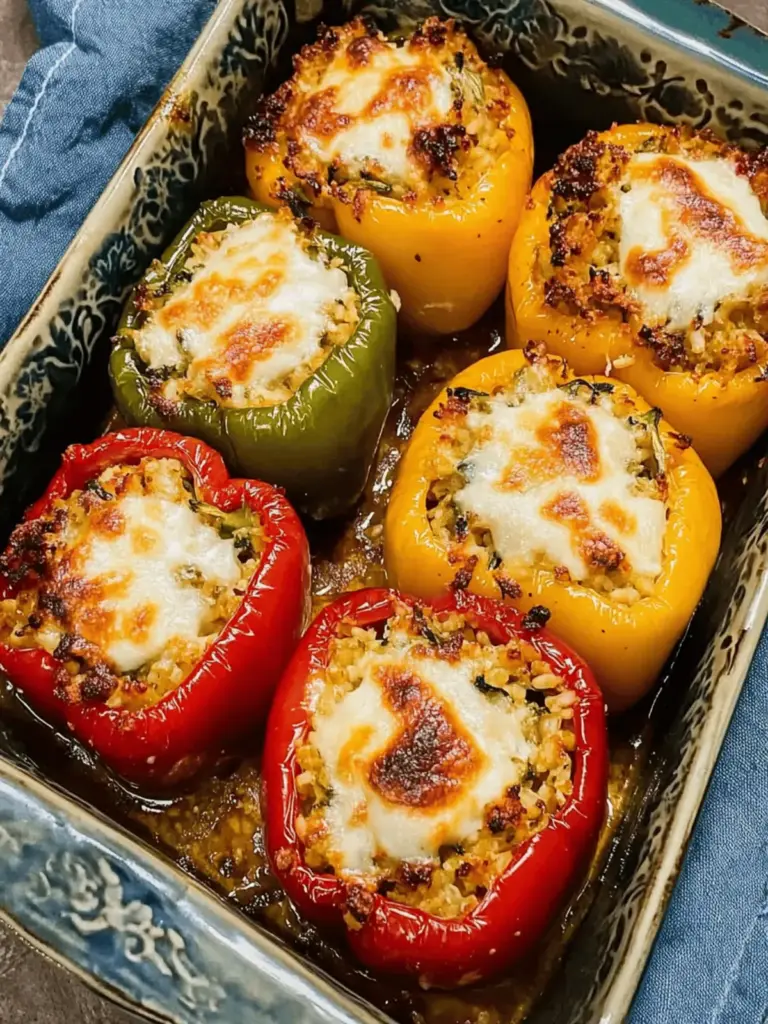 Roasted Italian Stuffed Peppers with Asiago Cheese and Turkey, Rice Stuffing