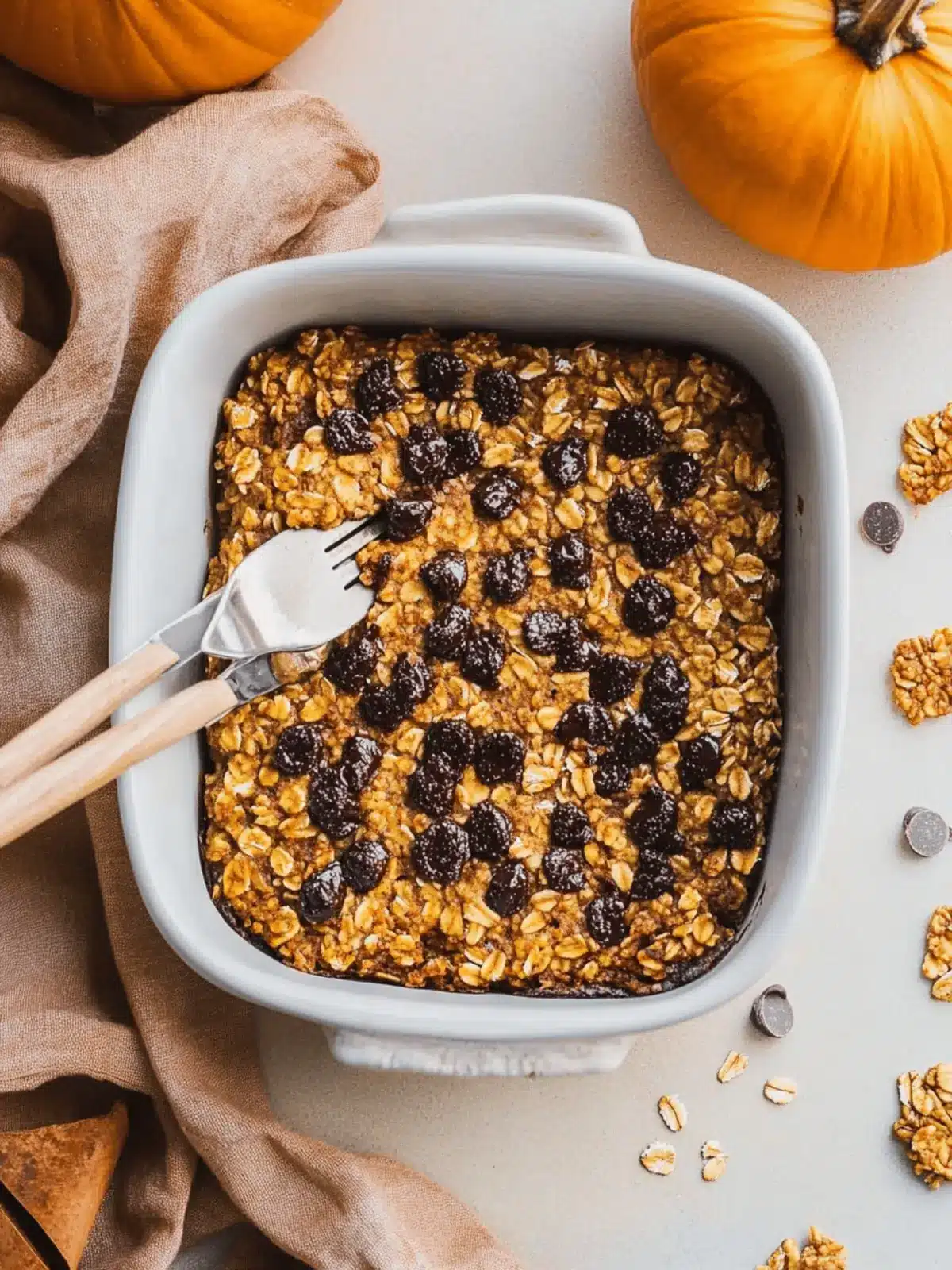 Higher Protein Pumpkin Baked Oatmeal with Chocolate Chips